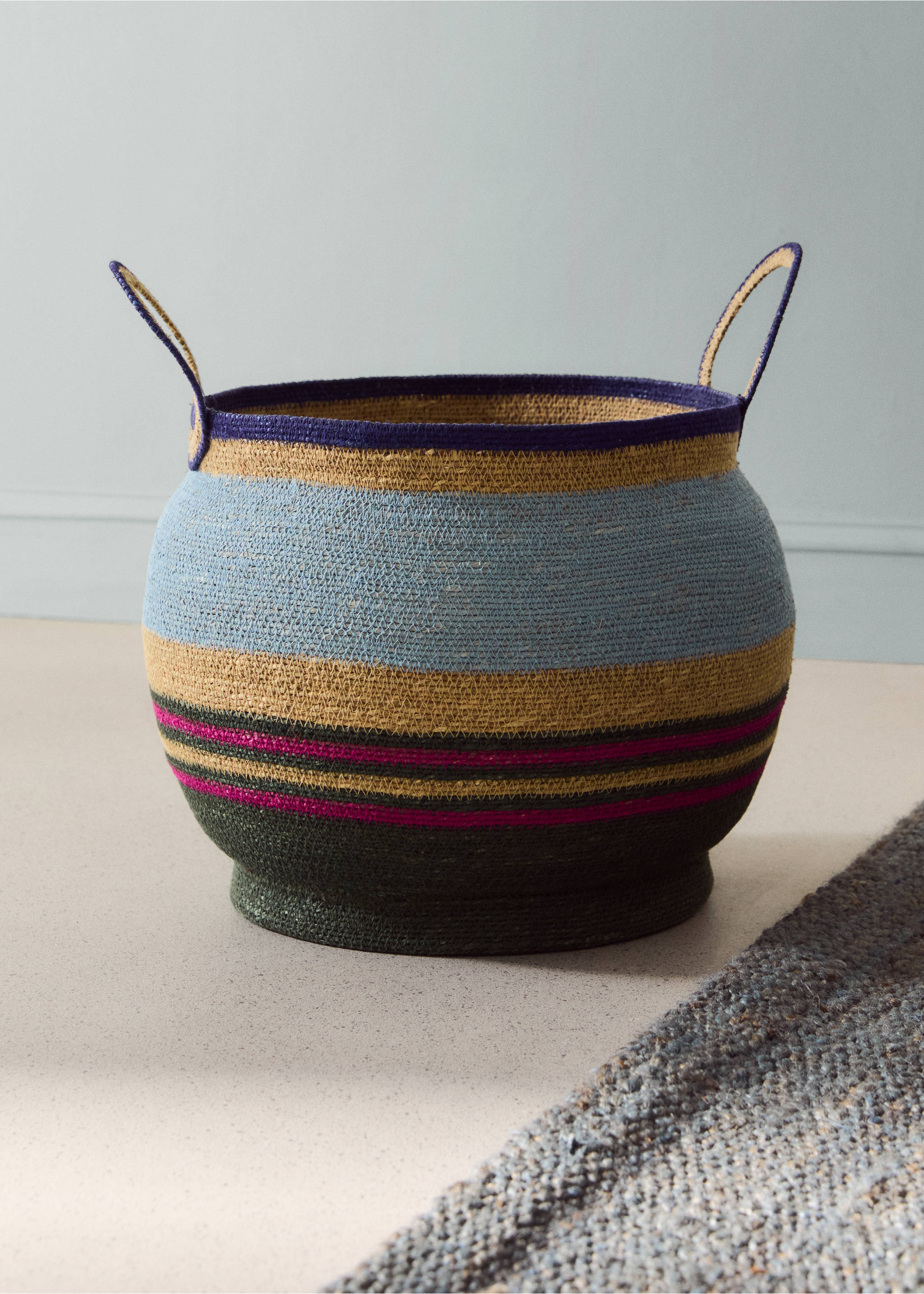 Large round basket with large striped handles - General plane, Pastel Green. Ref: 27073272-00.