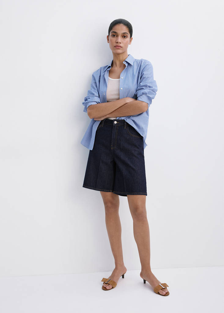 High-waist straight-fit denim shorts — Open Blue