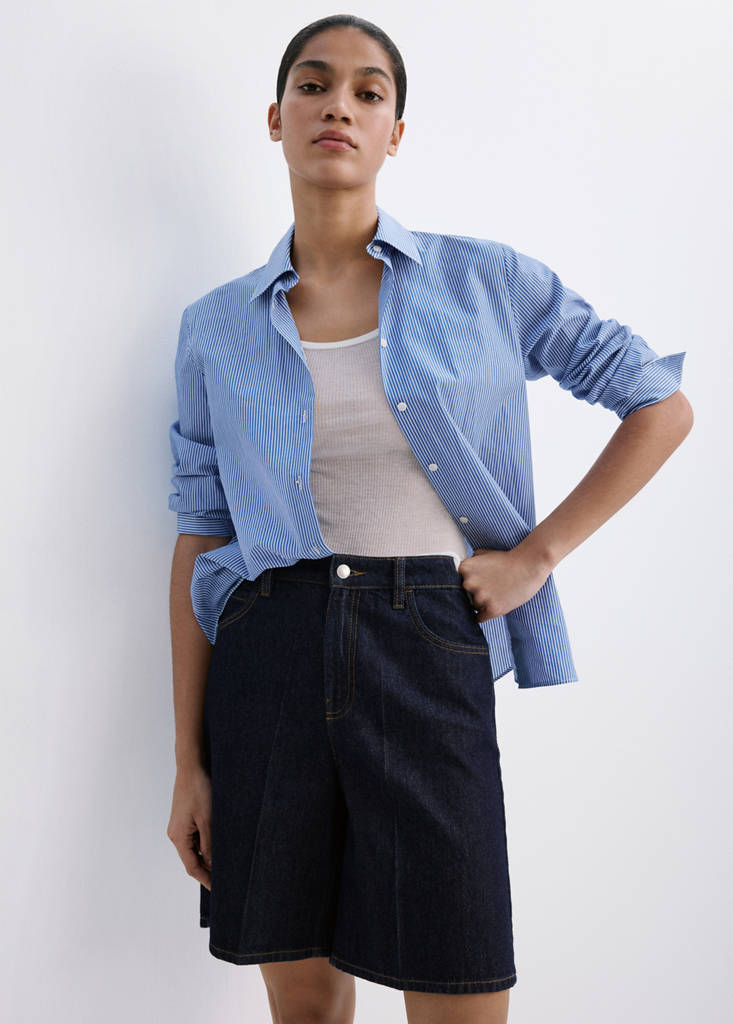 High-waist straight-fit denim shorts — Open Blue