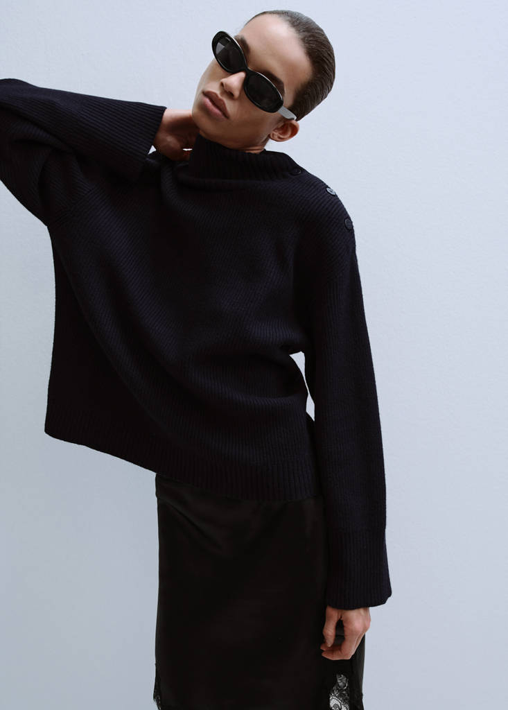 Perkins-neck sweater with button — Dark Navy