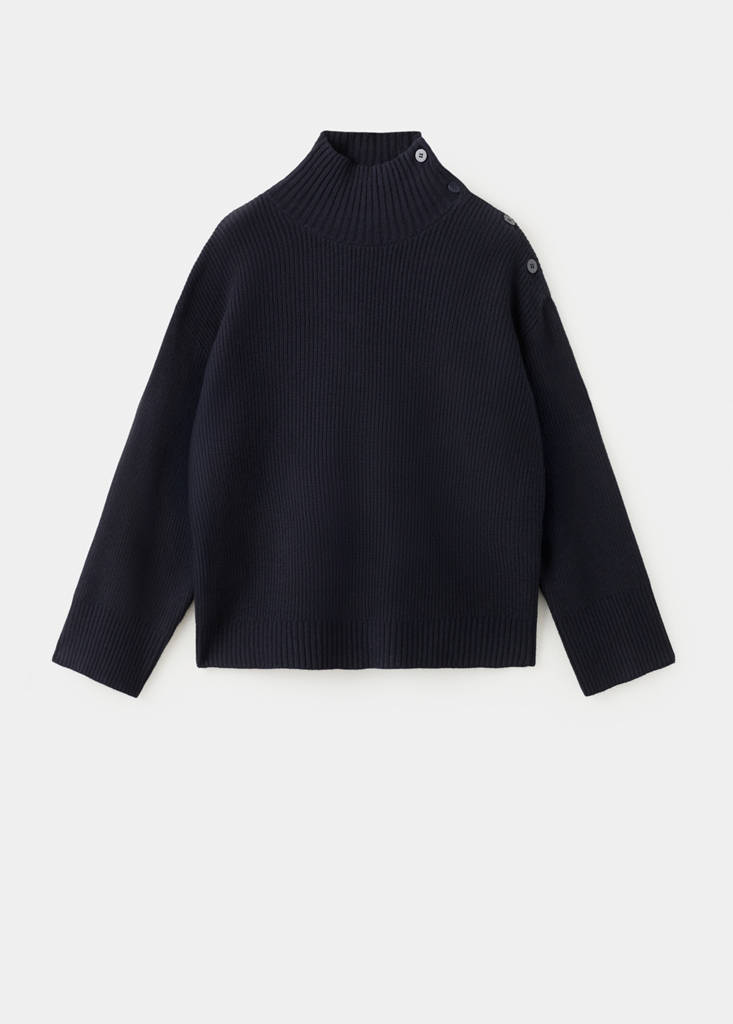 Perkins-neck sweater with button — Dark Navy