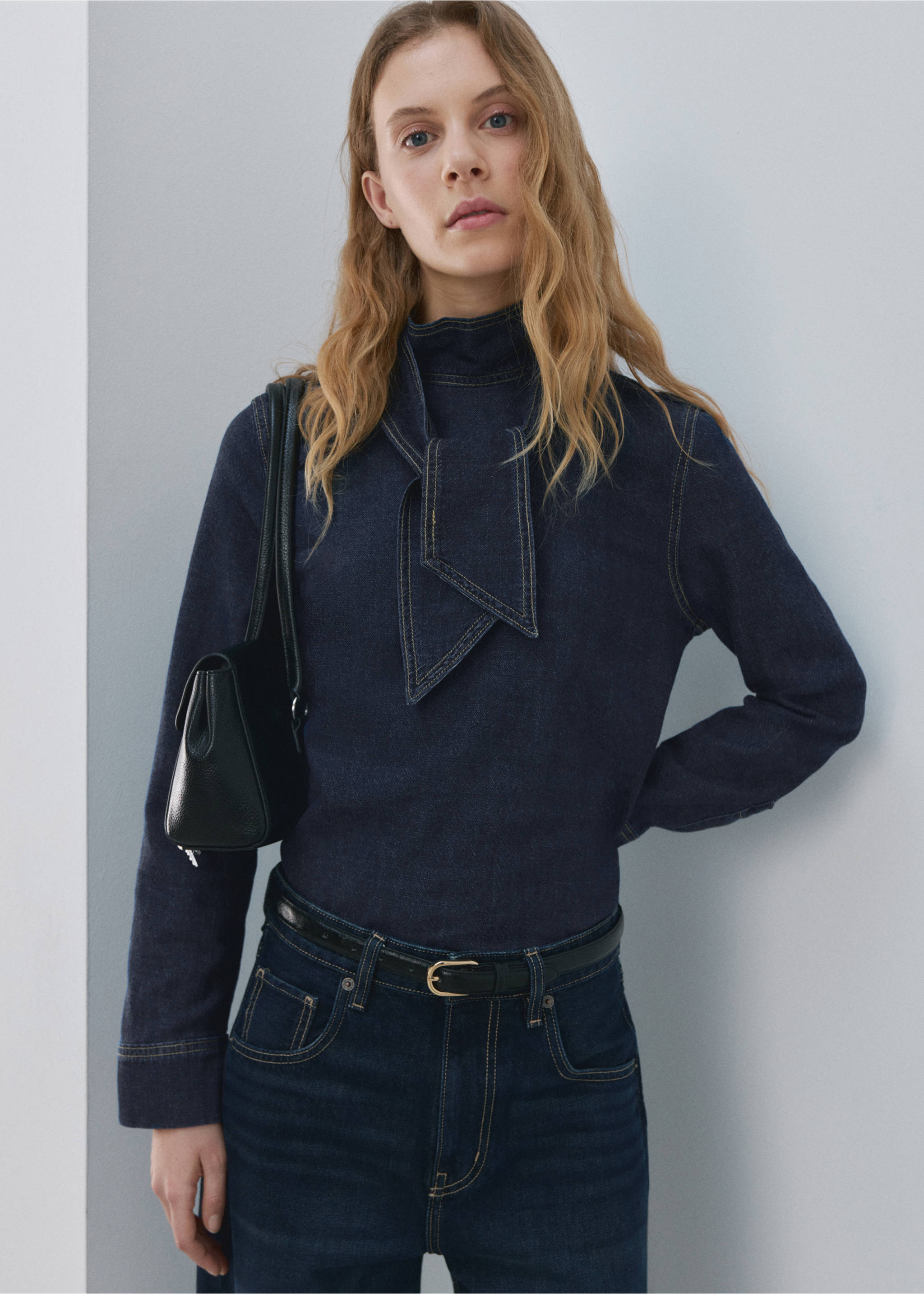 系带牛仔布衬衫 - null, 深蓝色. Ref: 27073297-00.