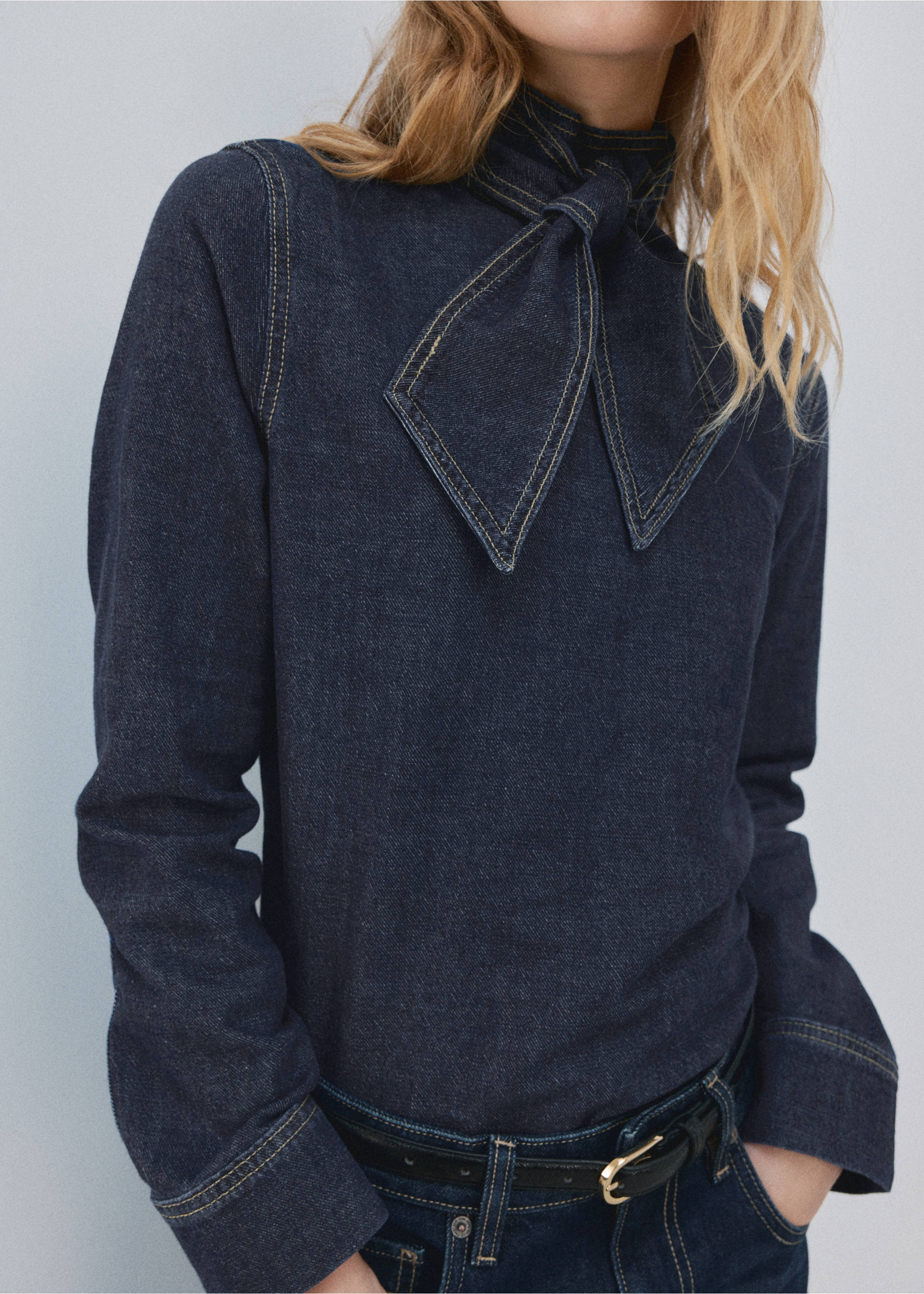 系带牛仔布衬衫 - null, 深蓝色. Ref: 27073297-00.