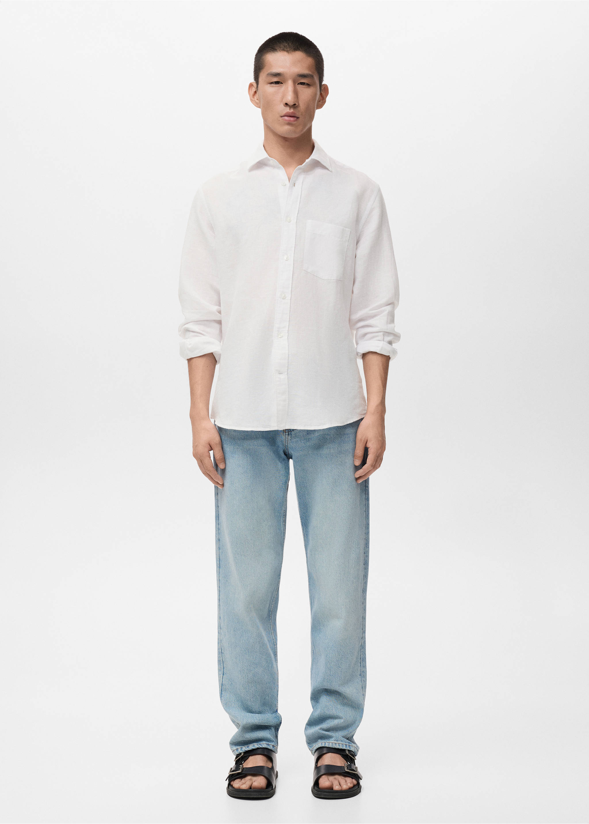 Льняная рубашка с карманом - Общий план, Белый. Ref: 27073330-00.