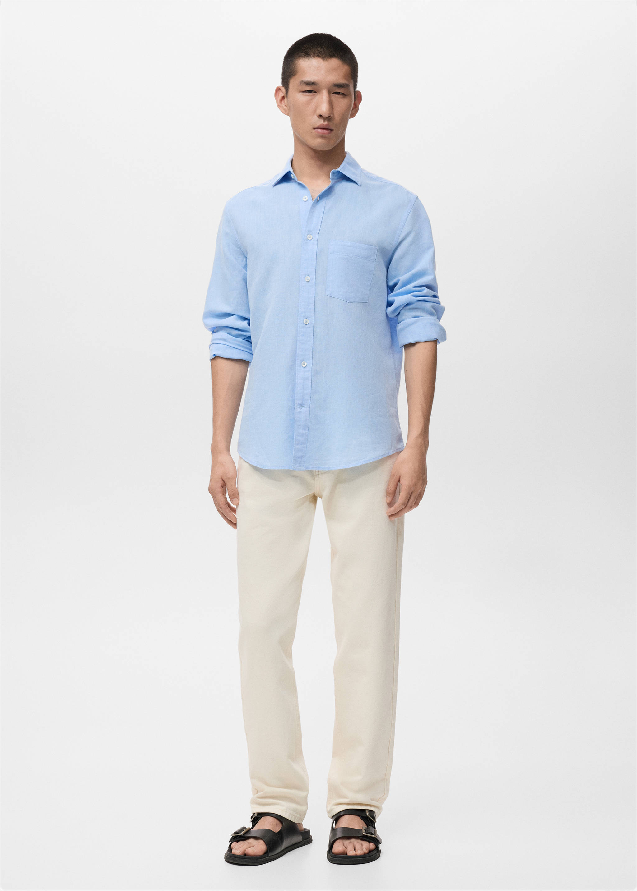 Льняная рубашка с карманом - Общий план, Небесно-голубой. Ref: 27073330-00.