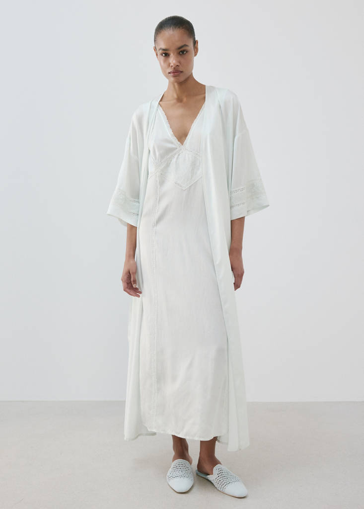 Satin robe with embroidered bow — Blue