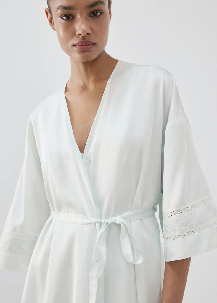 Satin robe with embroidered bow — Blue