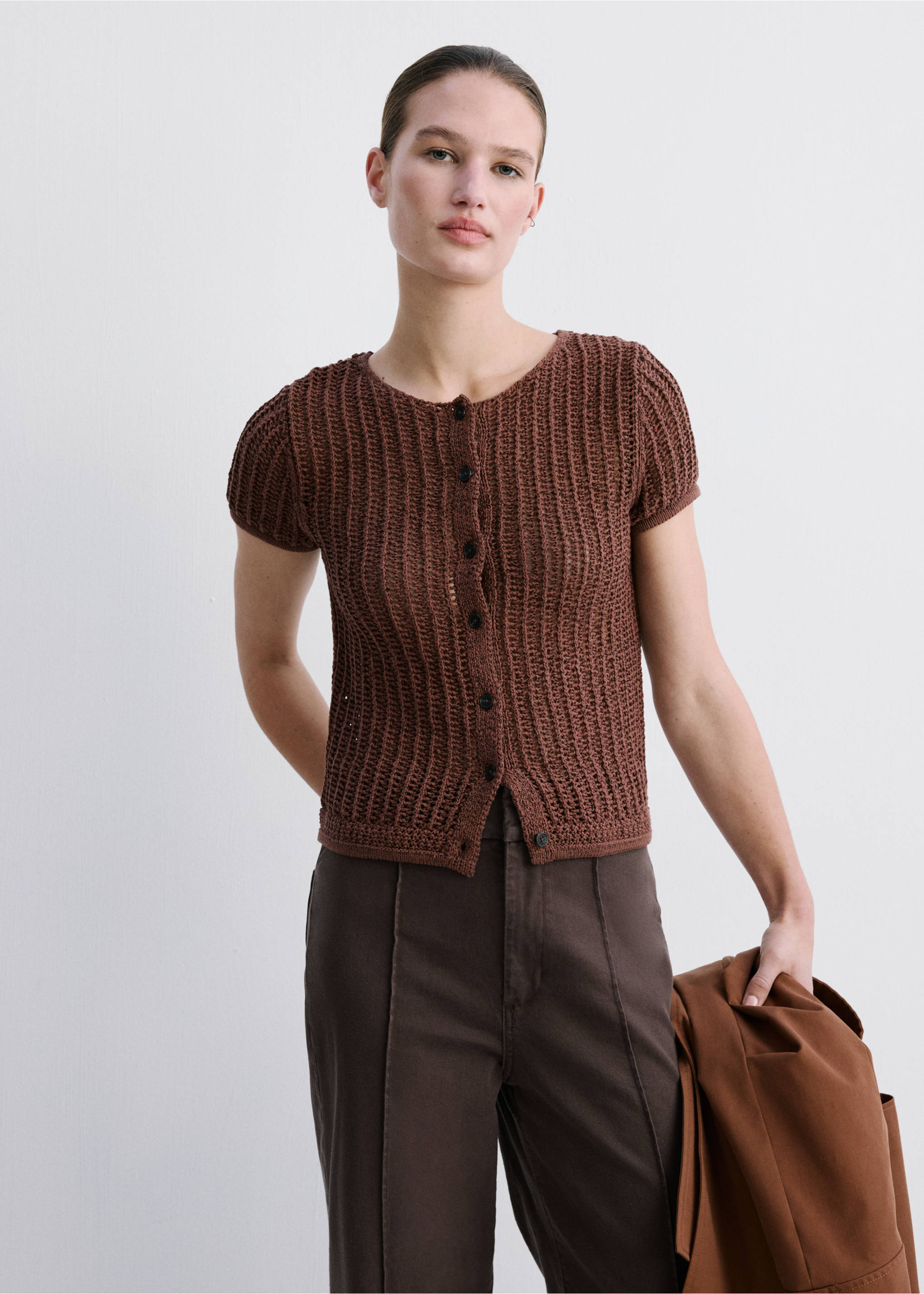 High-waisted wide leg jeans with stitching - Medium plane, Chocolate. Ref: 27073337-00.