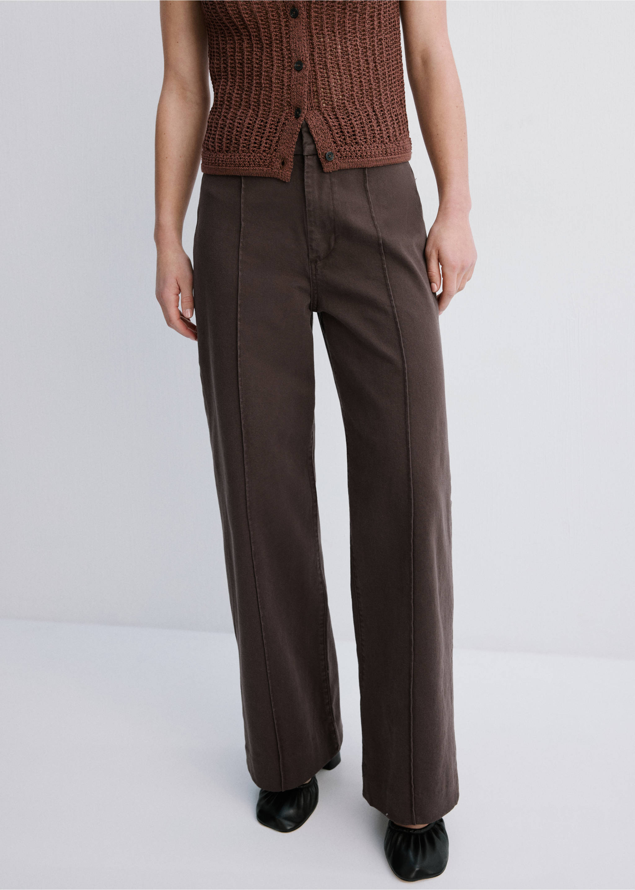 High-waisted wide leg jeans with stitching - Reverse of the article, Chocolate. Ref: 27073337-00.