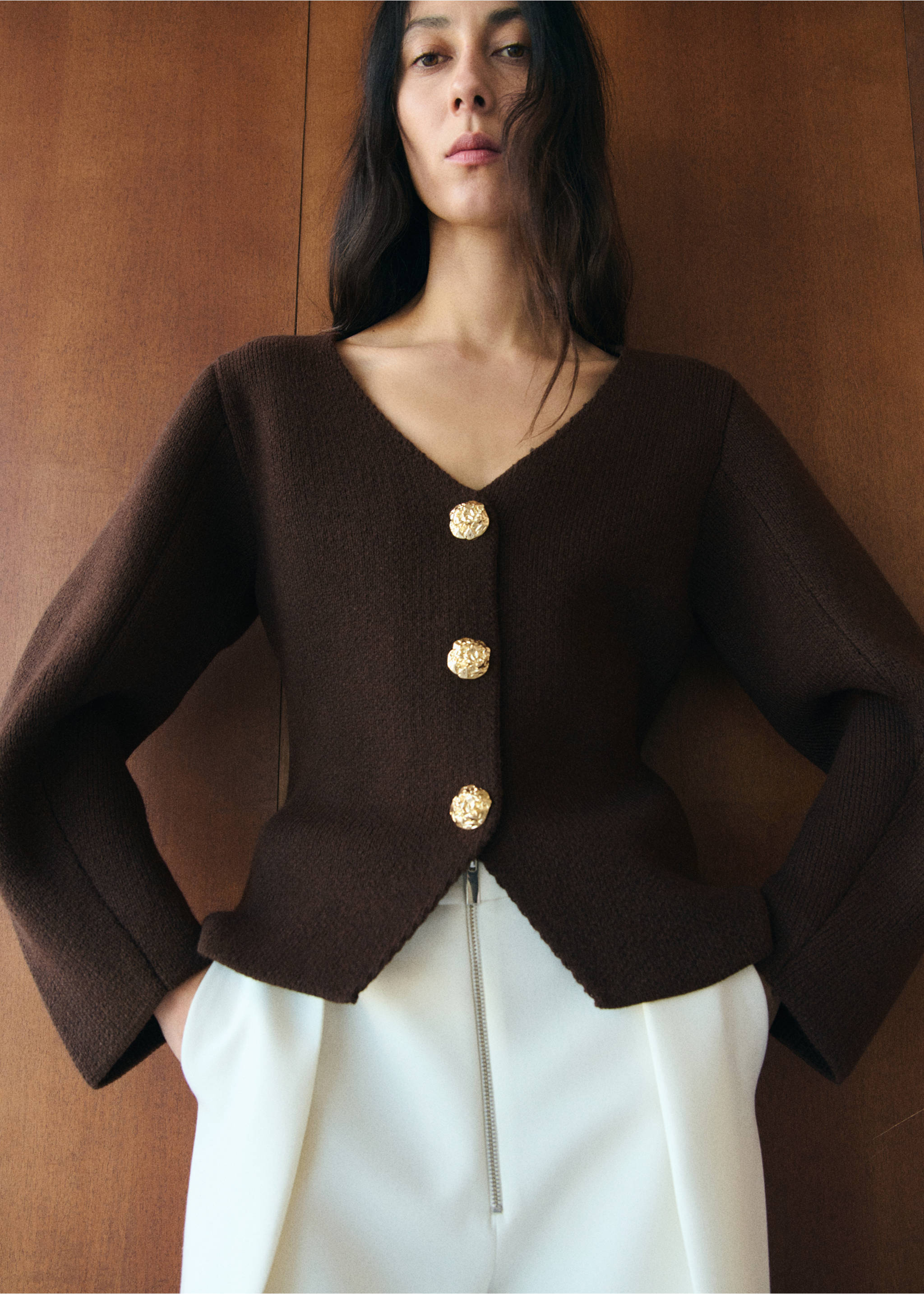 Knitted jacket with jewel buttons - Details of the article 1, Chocolate. Ref: 27073344-00.