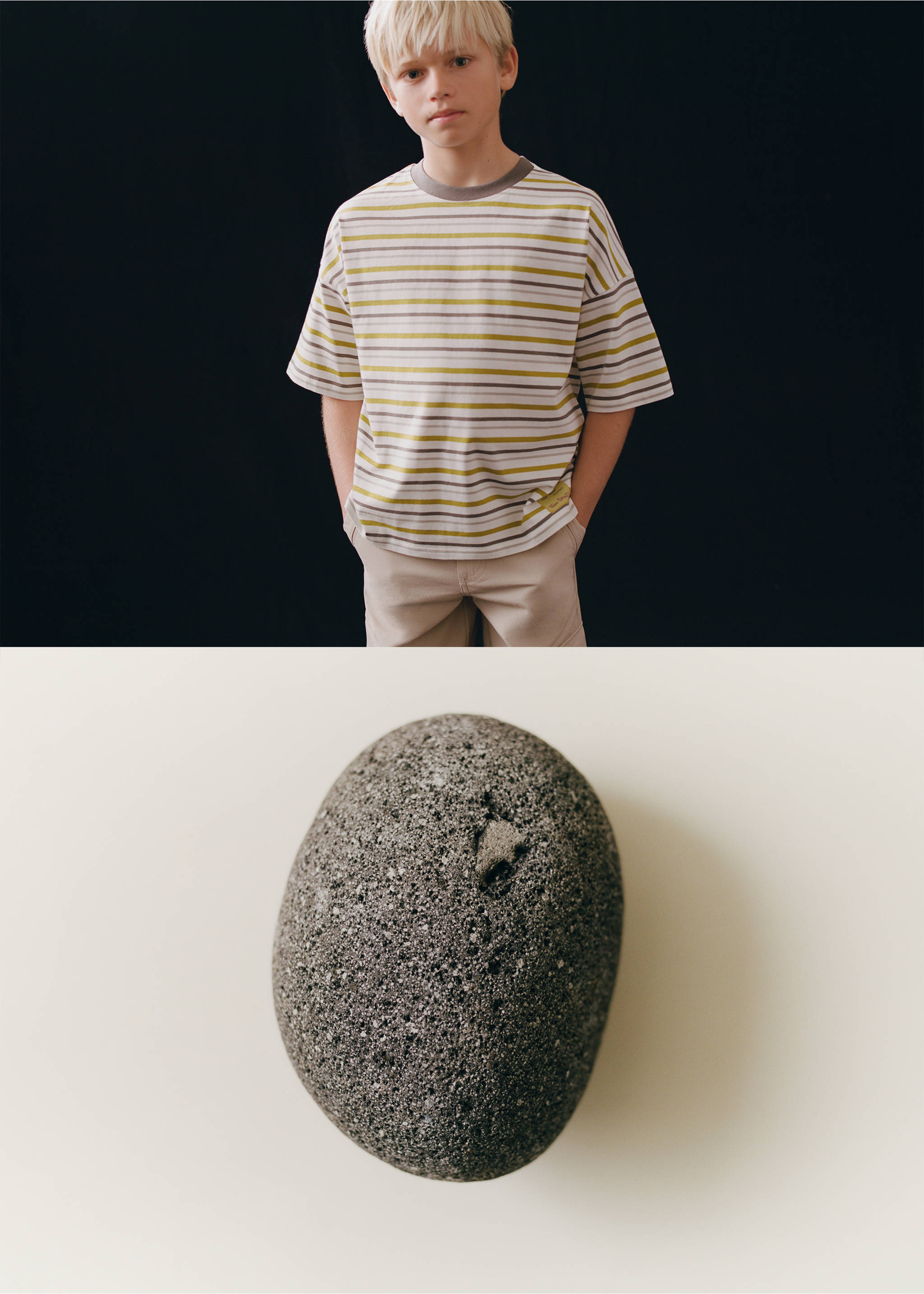 Striped contrast T-shirt - Details of the article 5, Lime. Ref: 27073710-00.