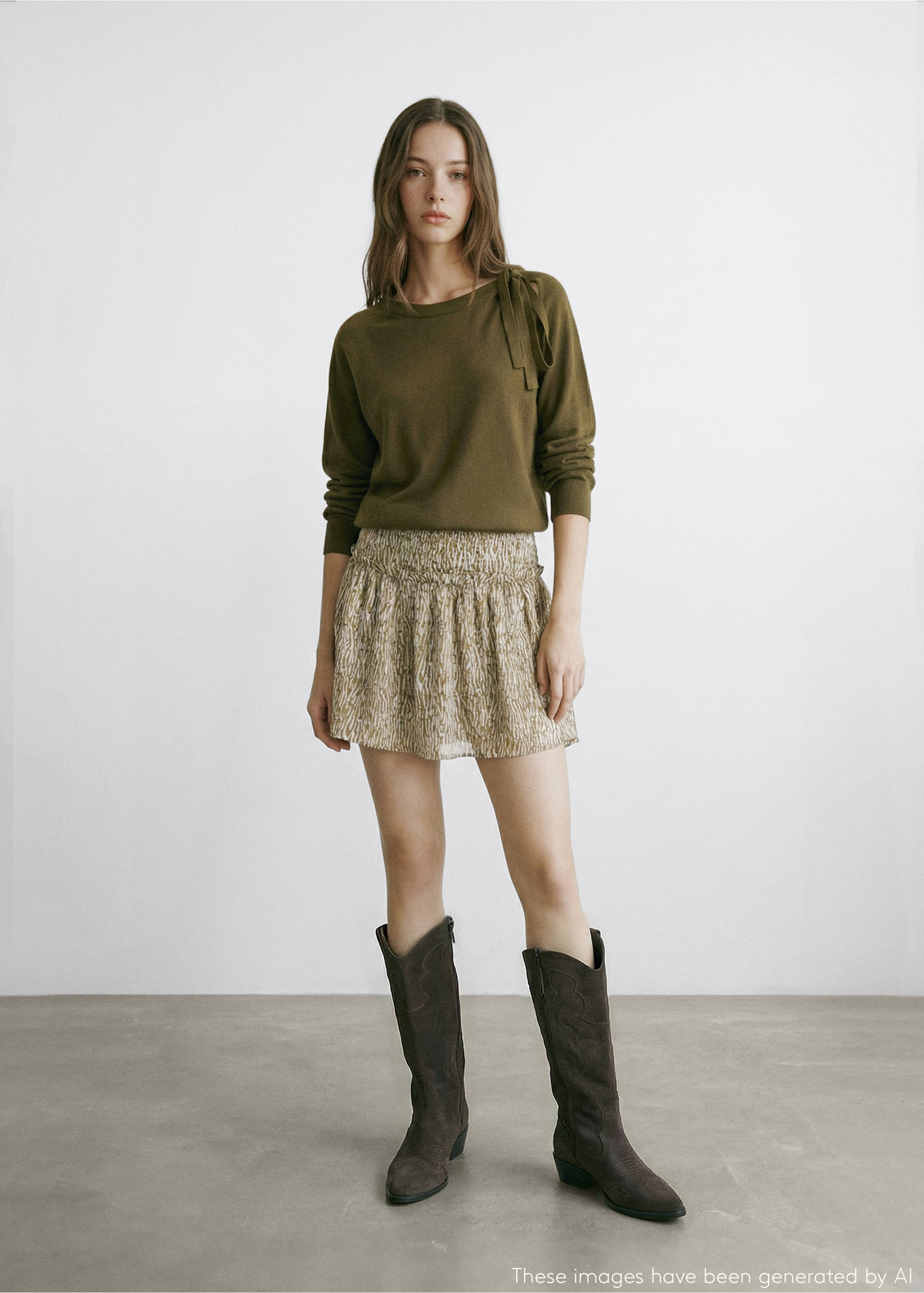 Ruffle printed skirt - General plane, Khaki. Ref: 27073732-00.