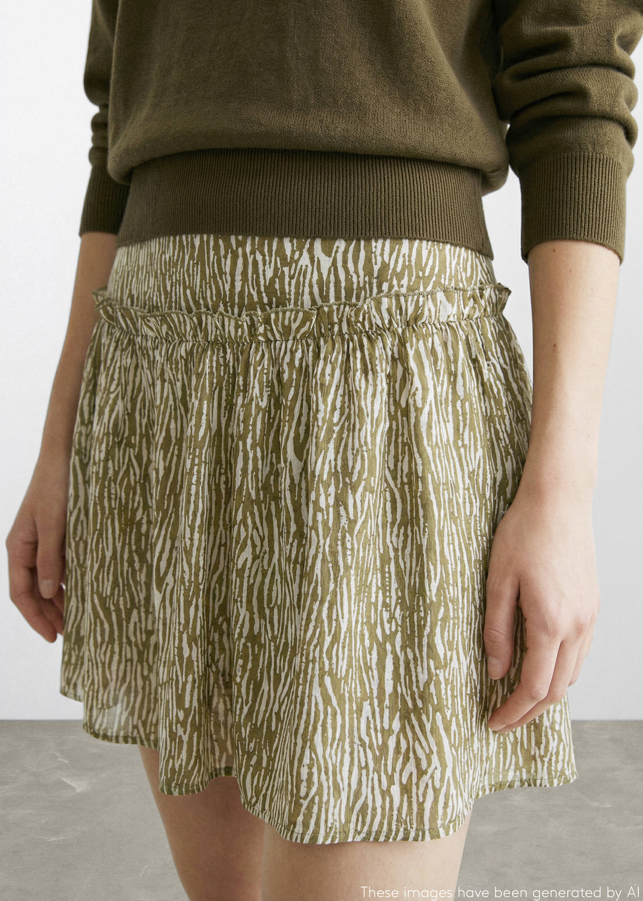 Ruffle printed skirt - Medium plane, Khaki. Ref: 27073732-00.