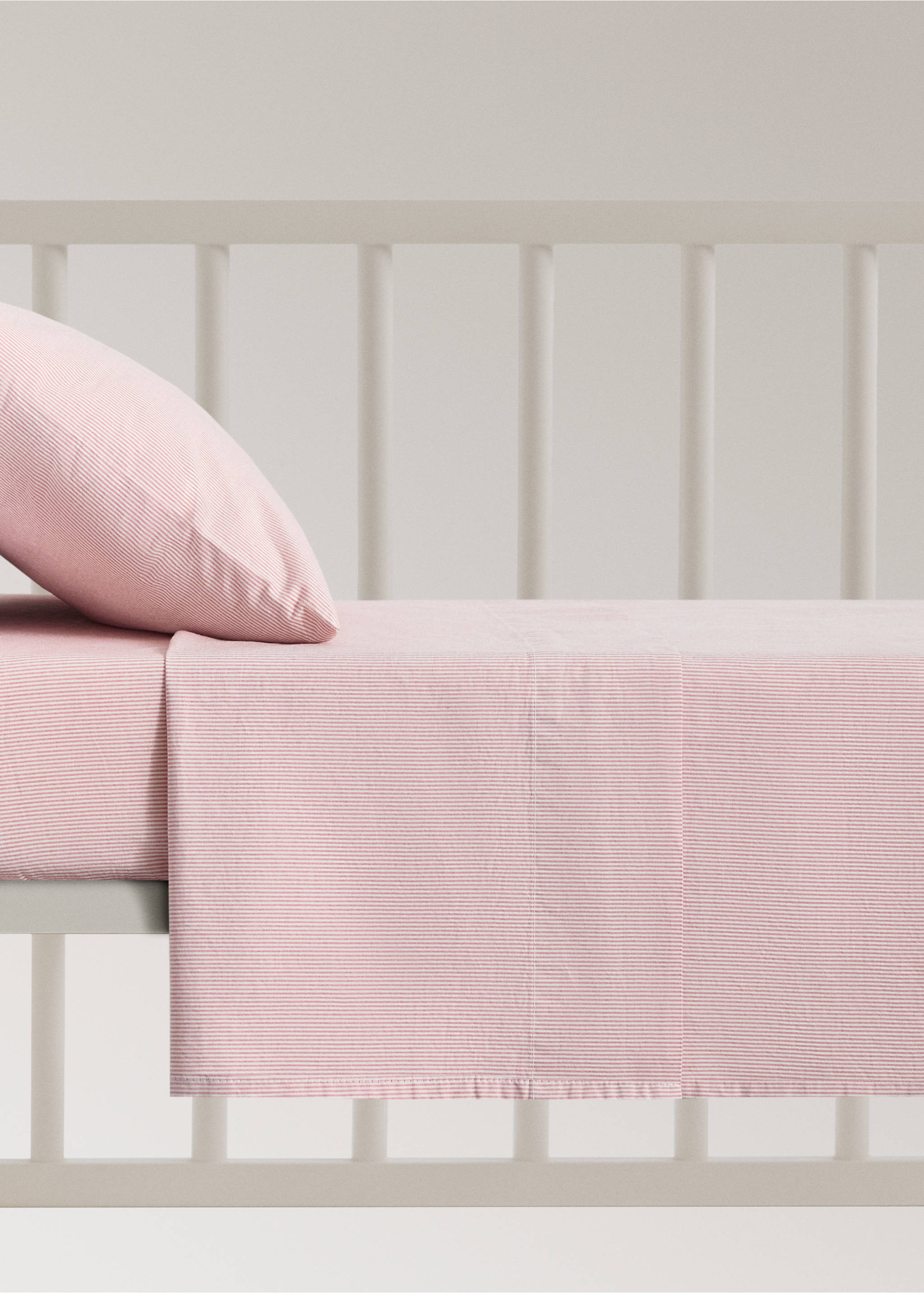 Cot bed top sheet fine striped yarn-dyed cotton - Article without model, Grapefruit. Ref: 27074056-00.