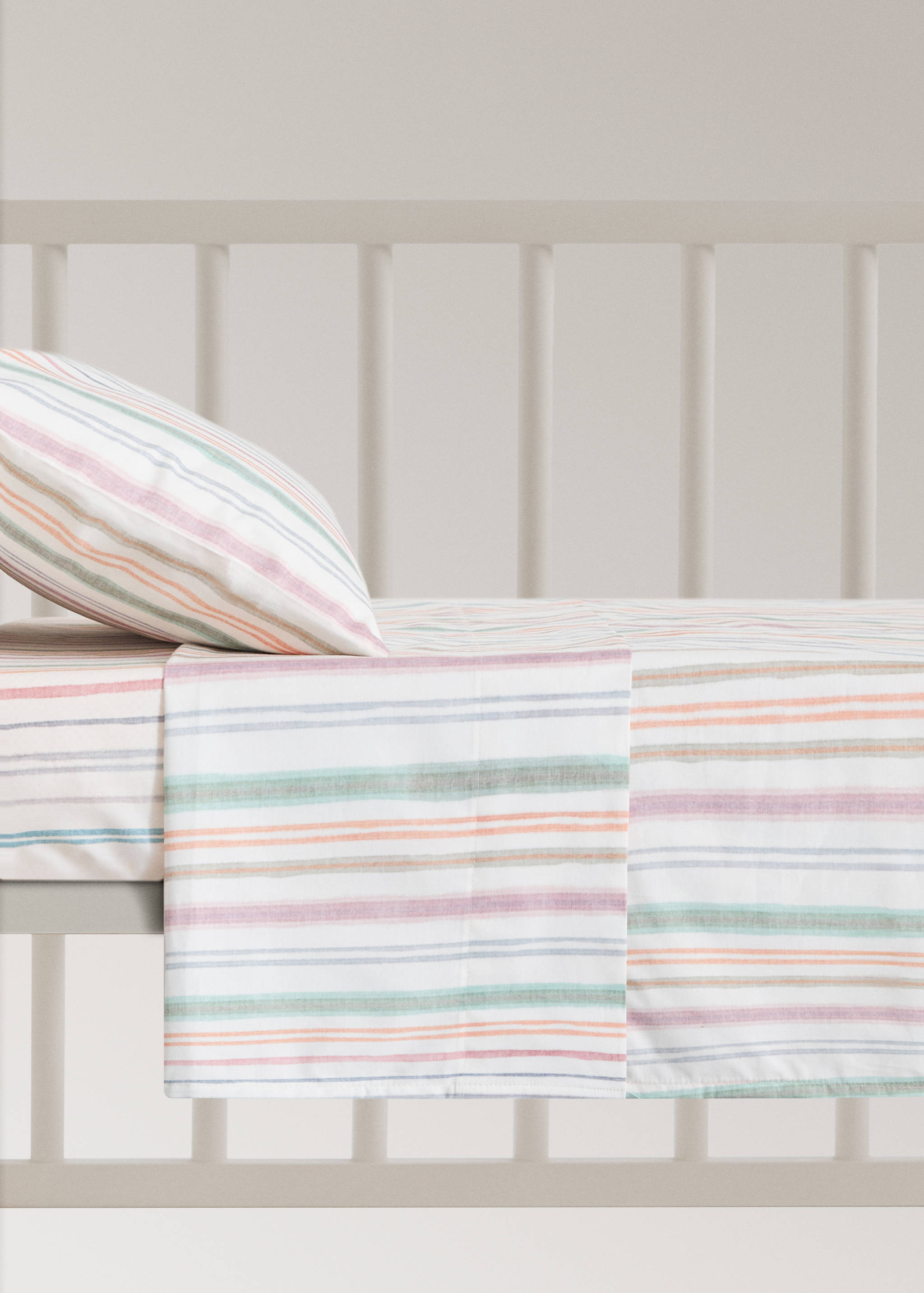 Cot bed top sheet in multicoloured striped percale cotton - Article without model