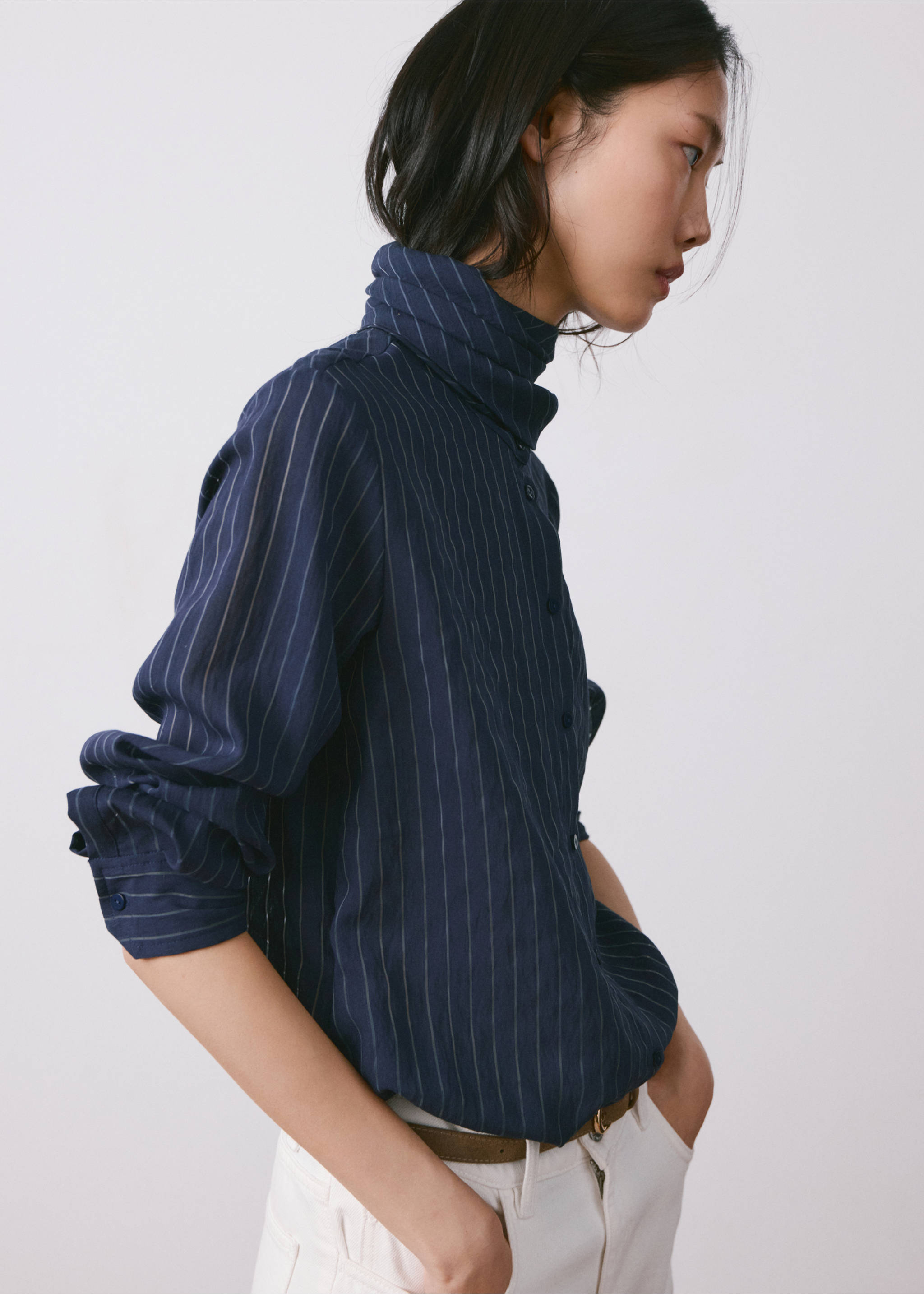 Striped blouse with bow tie neck - Medium plane, Navy. Ref: 27074080-00.