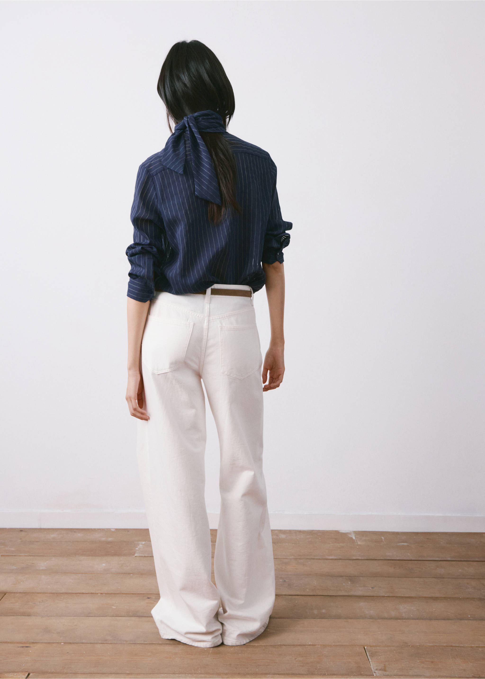 Striped blouse with bow tie neck - Reverse of the article, Navy. Ref: 27074080-00.