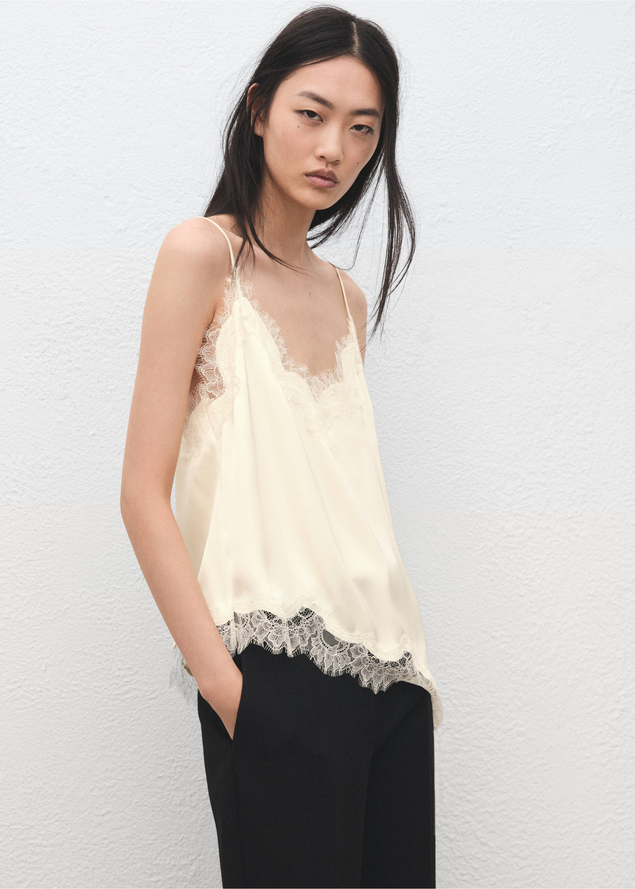 Asymmetric lace camisole top - Medium plane, Ecru. Ref: 27074089-00.