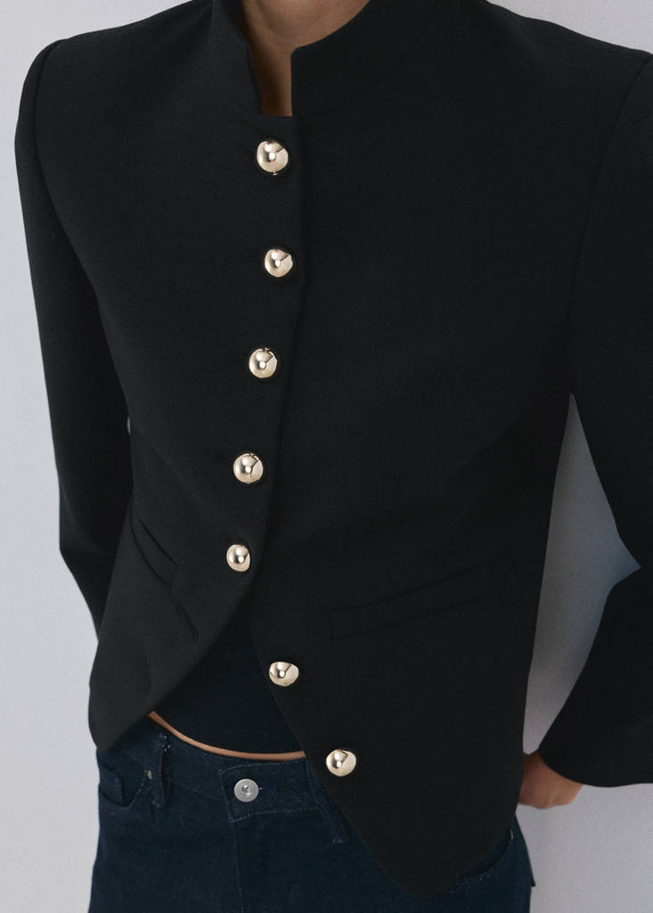Jacket with jewel-button strip collar — Black