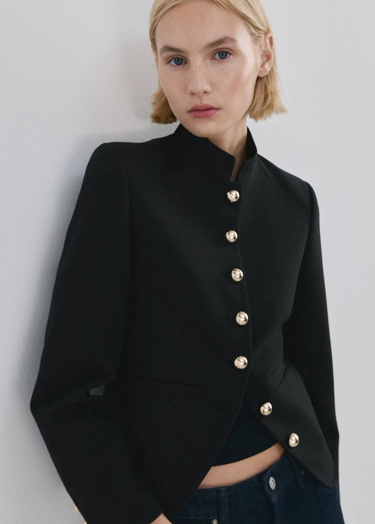 Jacket with jewel-button strip collar — Black