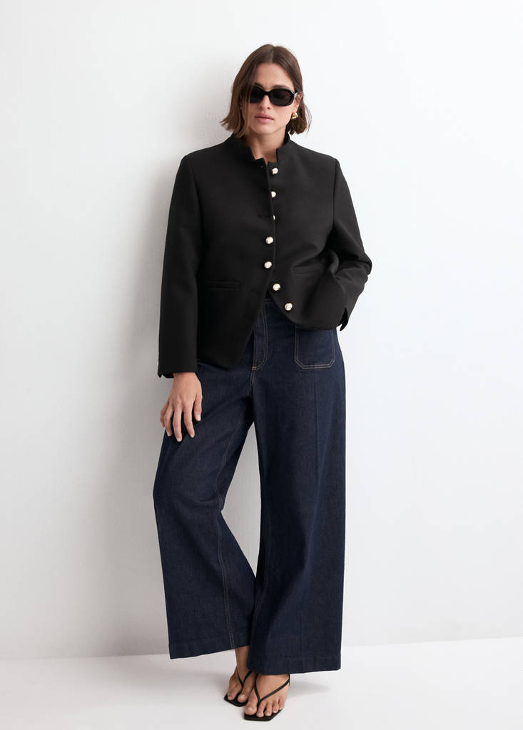 Jacket with jewel-button strip collar — Black