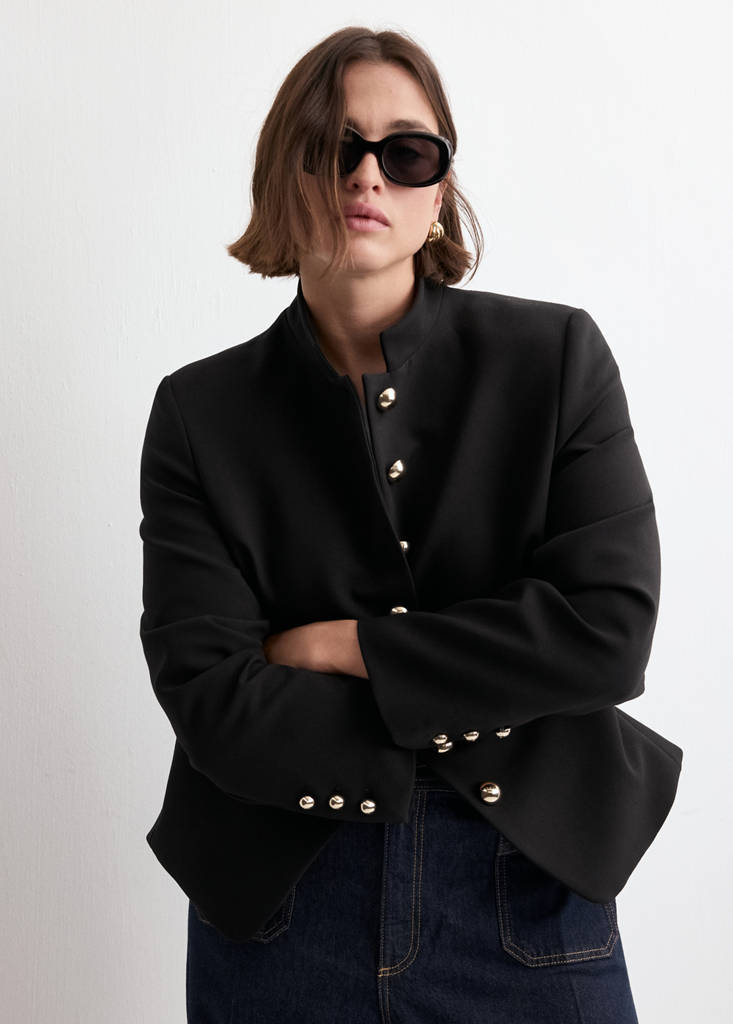 Jacket with jewel-button strip collar — Black