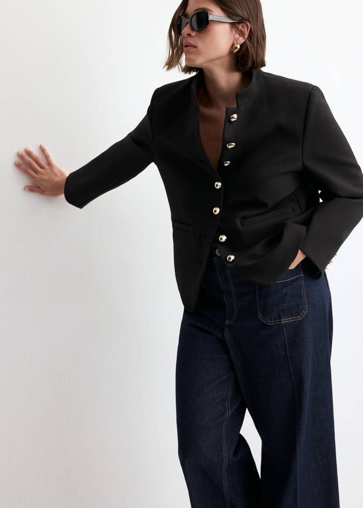 Jacket with jewel-button strip collar — Black