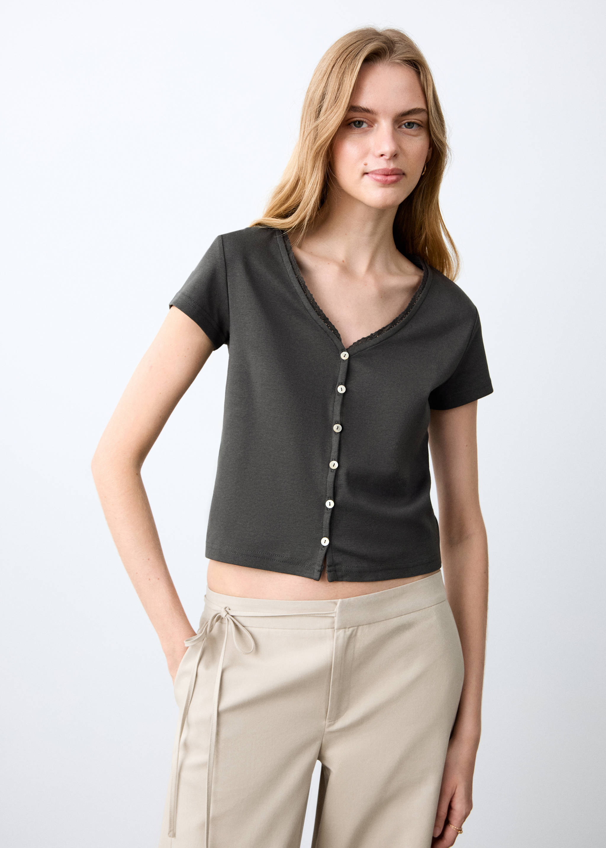 Buttoned cotton T-shirt - Medium plane