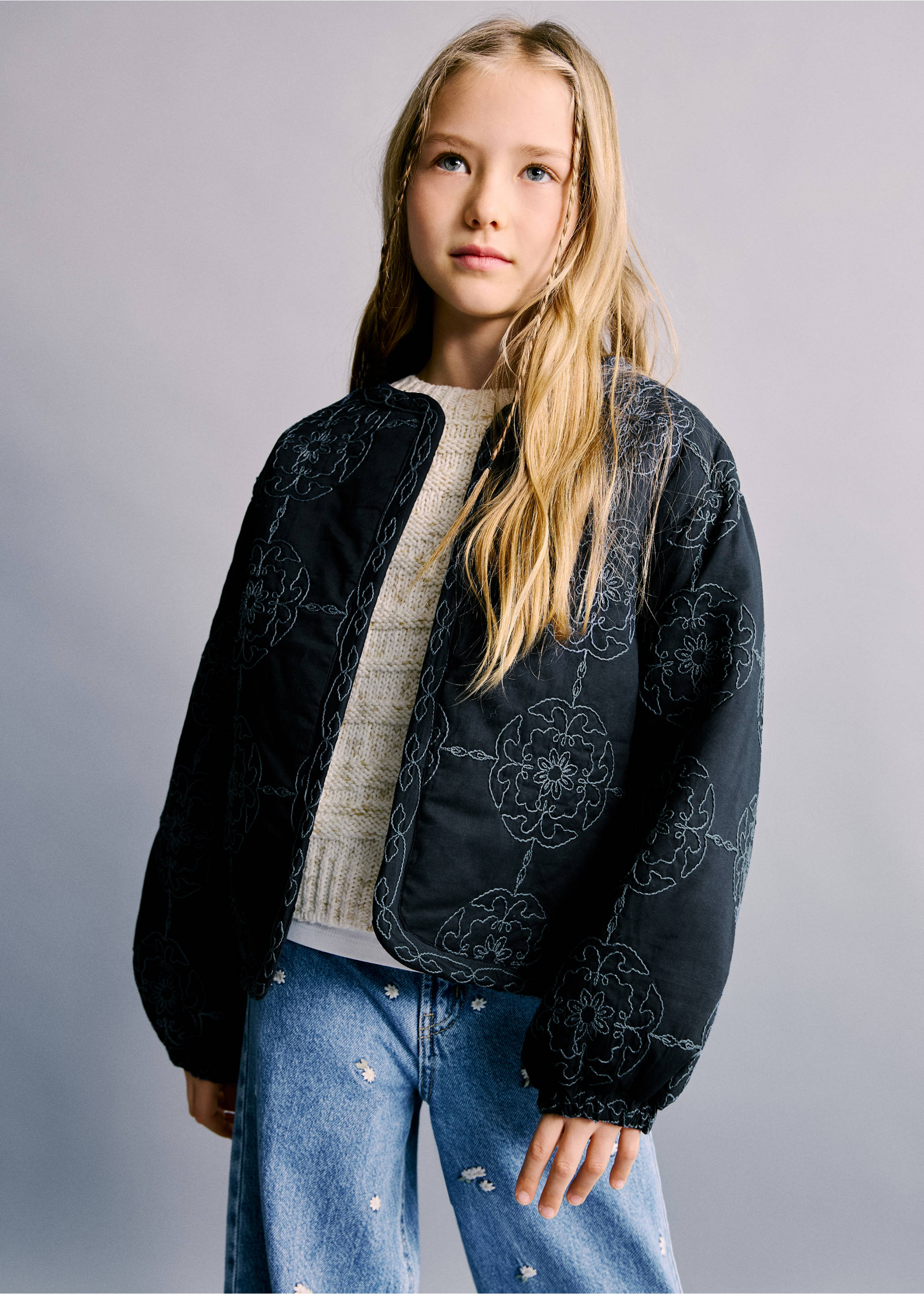 Quilted jacket with embroidered details - Medium plane, Navy. Ref: 27074416-00.
