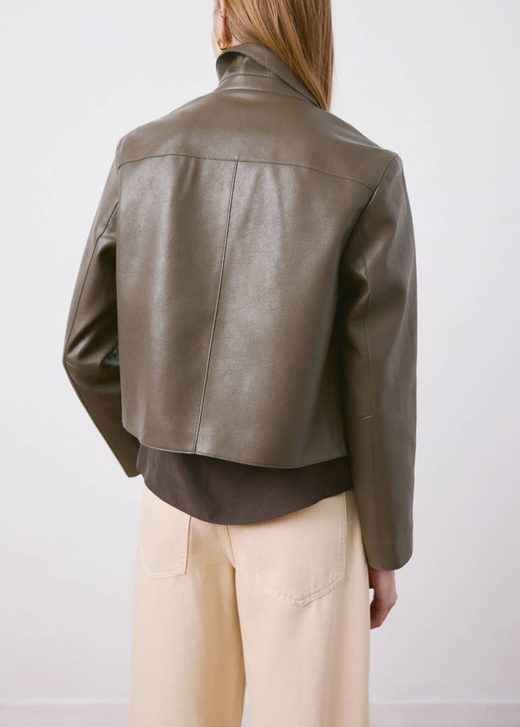 Faux-leather jacket with pockets — Olive Green