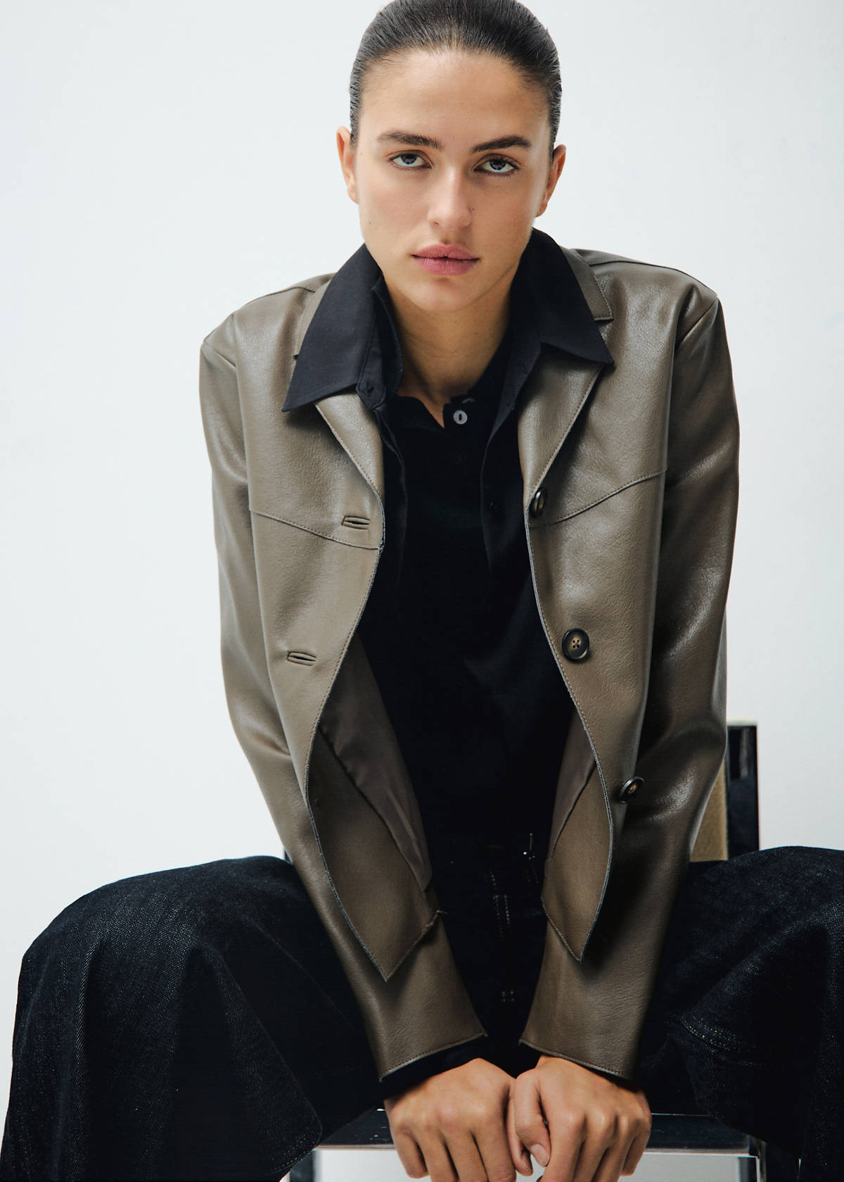 Faux-leather jacket with pockets — Olive Green