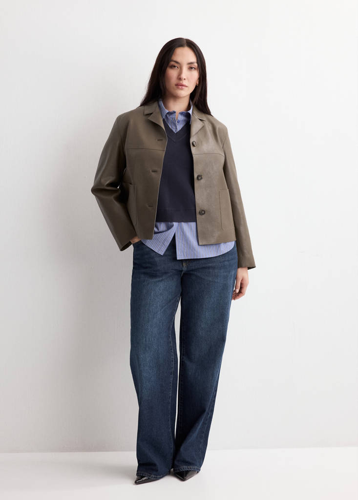 Faux-leather jacket with pockets — Olive Green