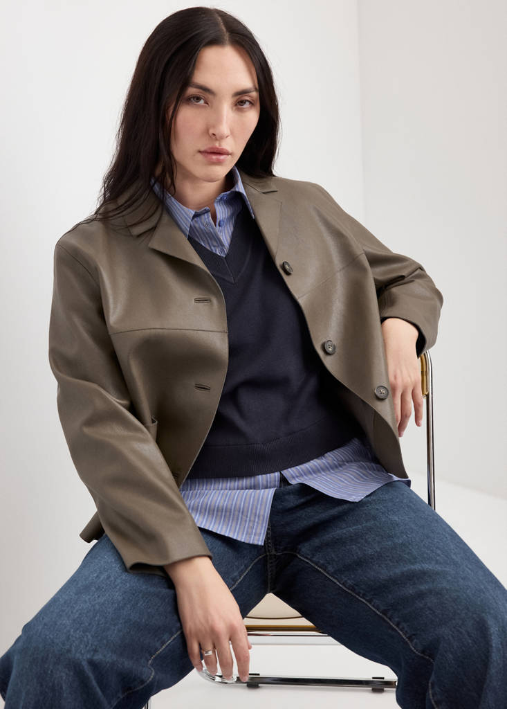 Faux-leather jacket with pockets — Olive Green