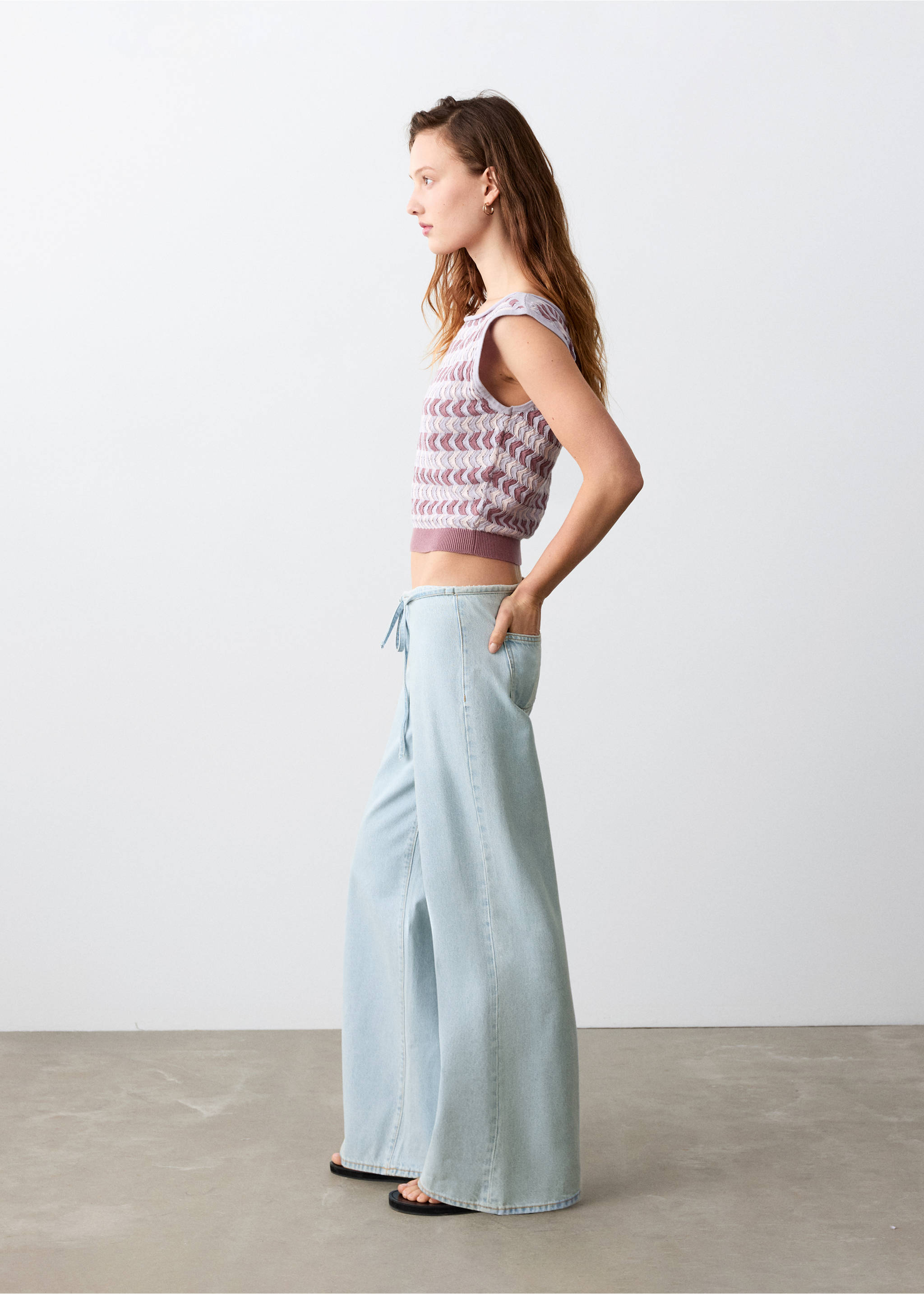 Wide leg tie-waist jeans - Medium plane, Bleach Blue. Ref: 27075156-00.