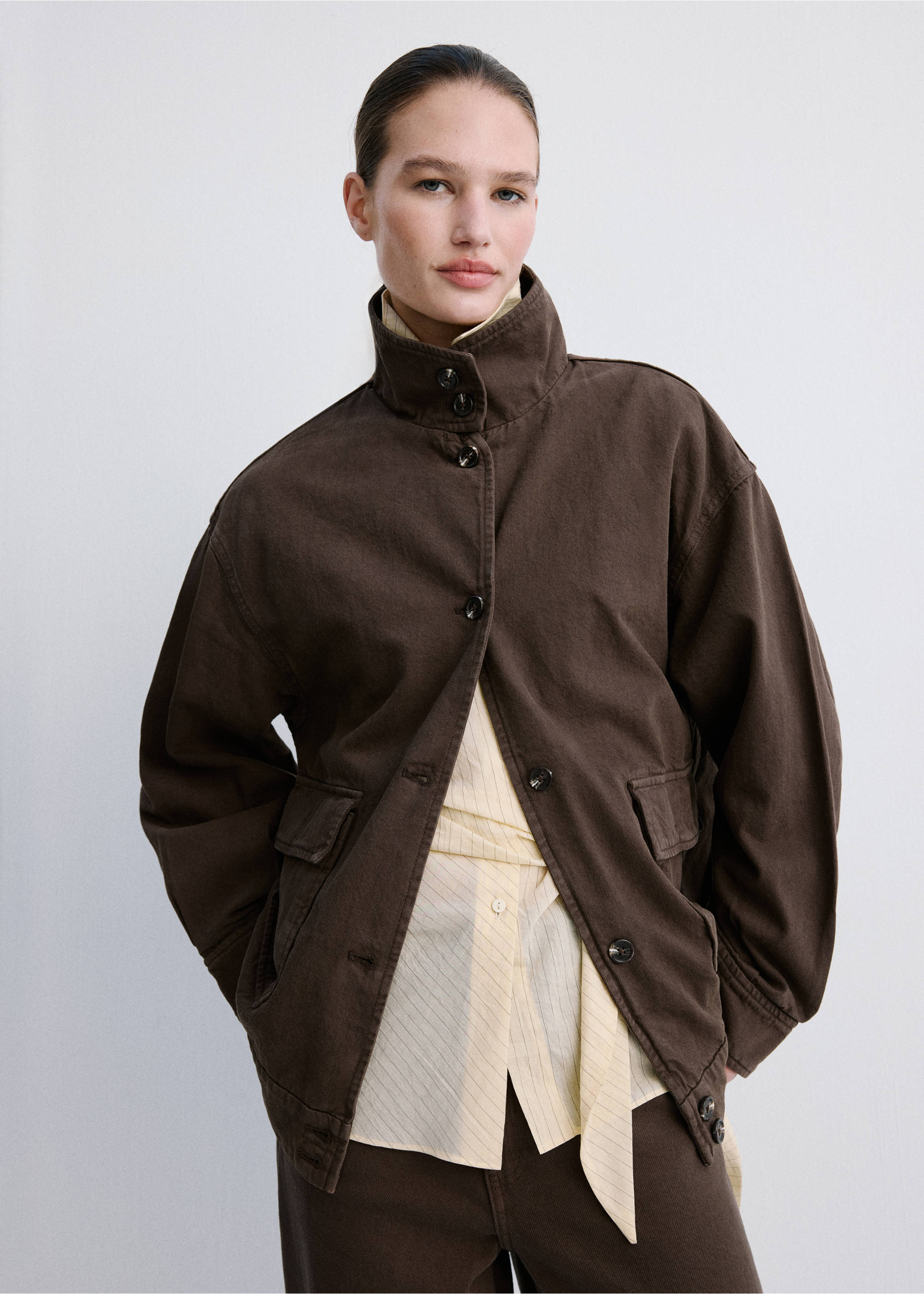 Oversized denim parka with pockets - Medium plane, Chocolate. Ref: 27075818-00.
