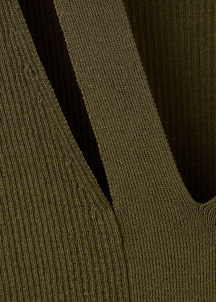 Fine knit top with combined collar — Khaki