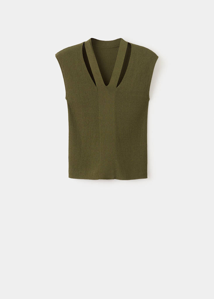 Fine knit top with combined collar — Khaki