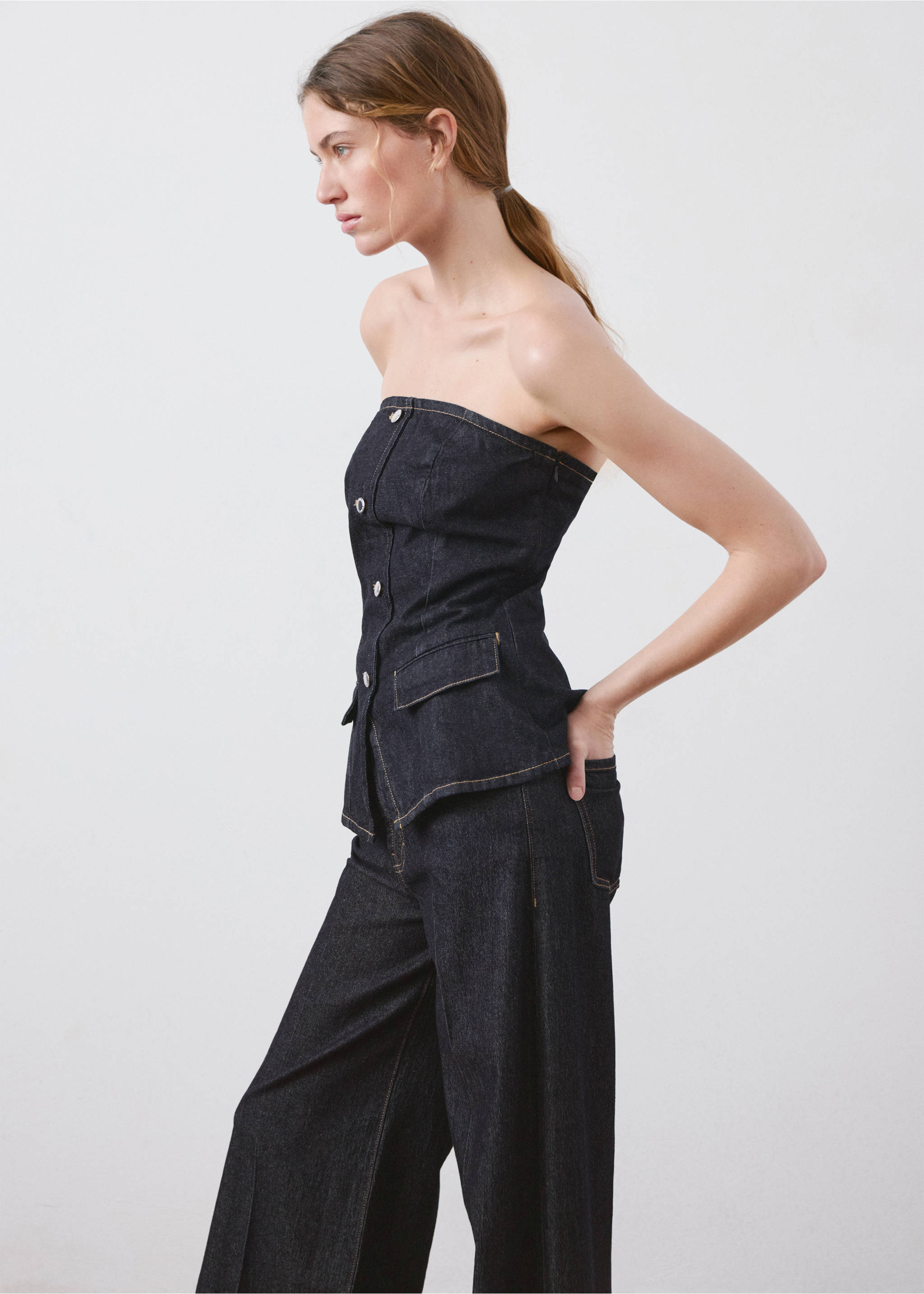 Strapless denim top - Details of the article 1, Open Blue. Ref: 27075825-00.