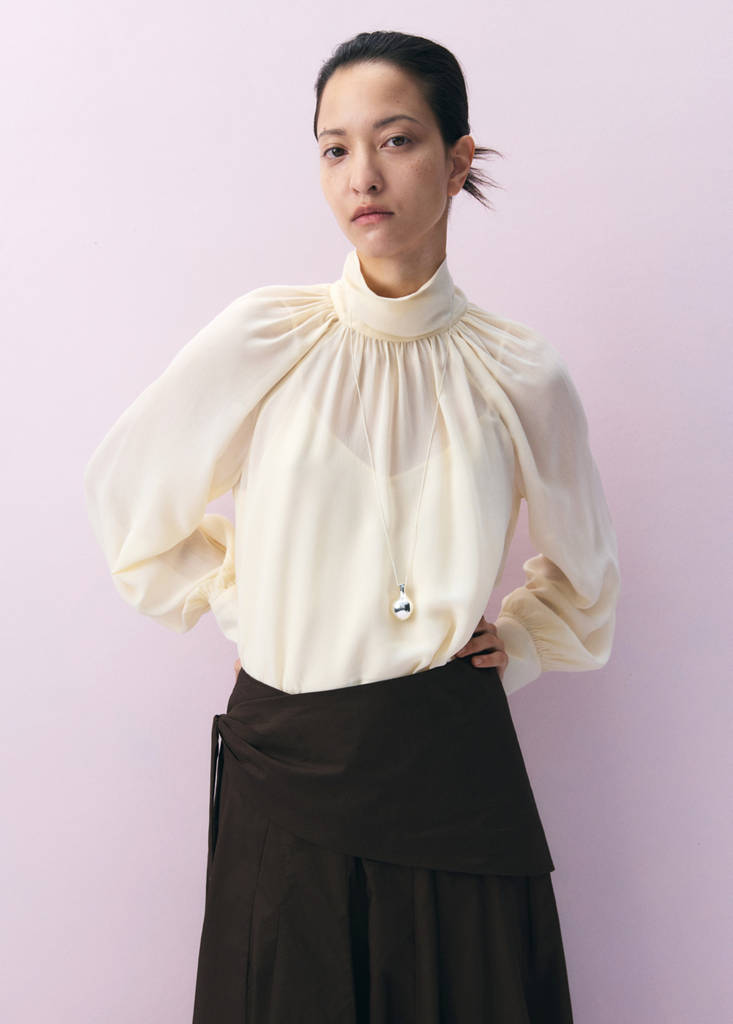 High-neck semi-transparent blouse — Ecru