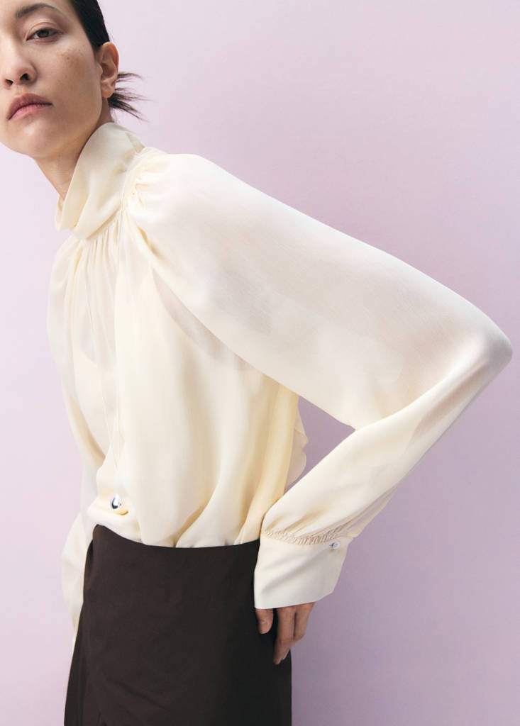 High-neck semi-transparent blouse — Ecru