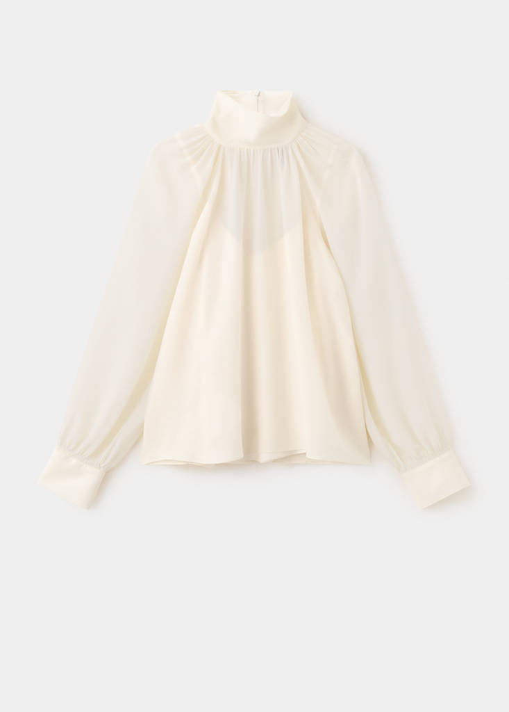High-neck semi-transparent blouse — Ecru