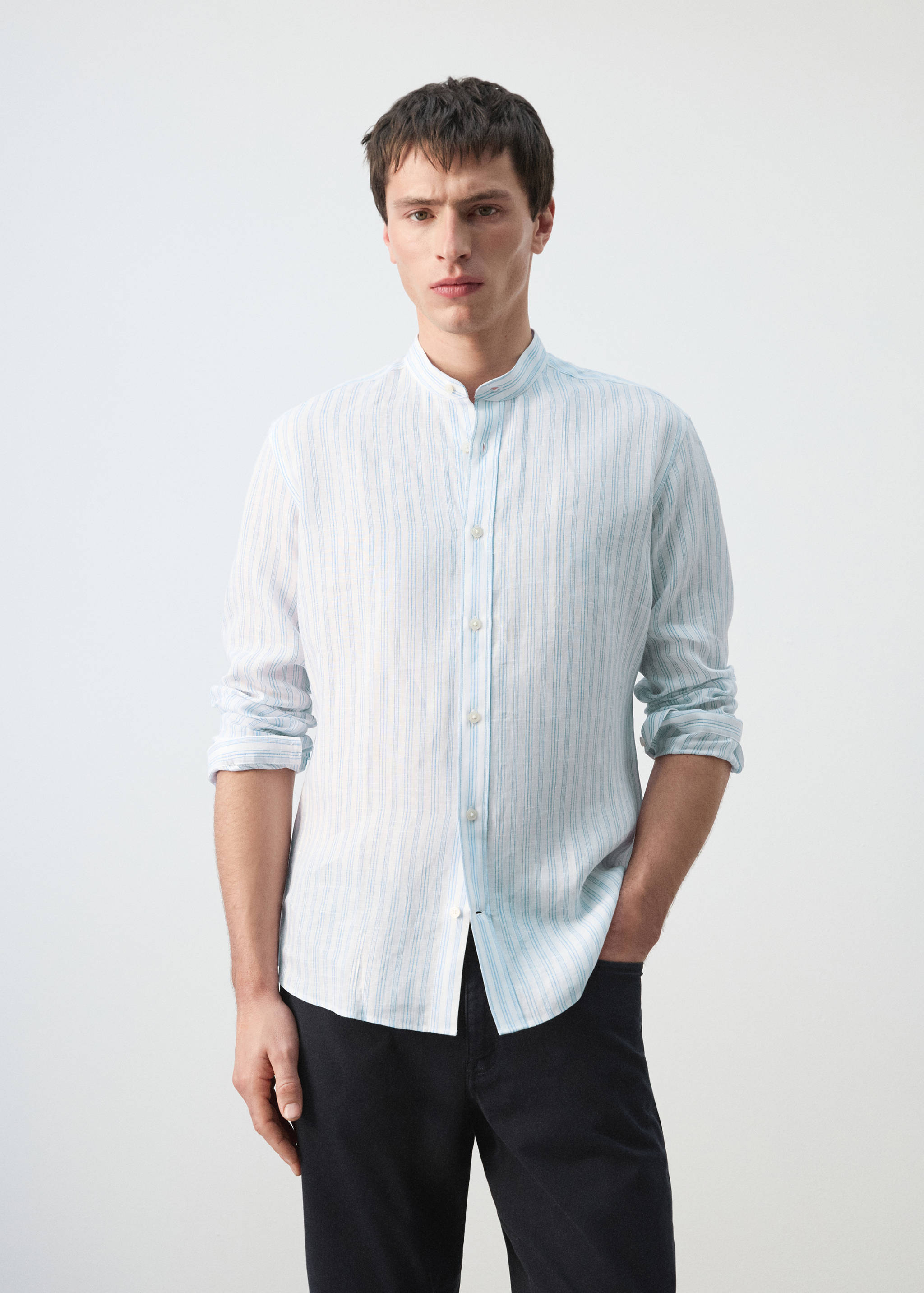 100% linen striped grandad collar shirt - Medium plane