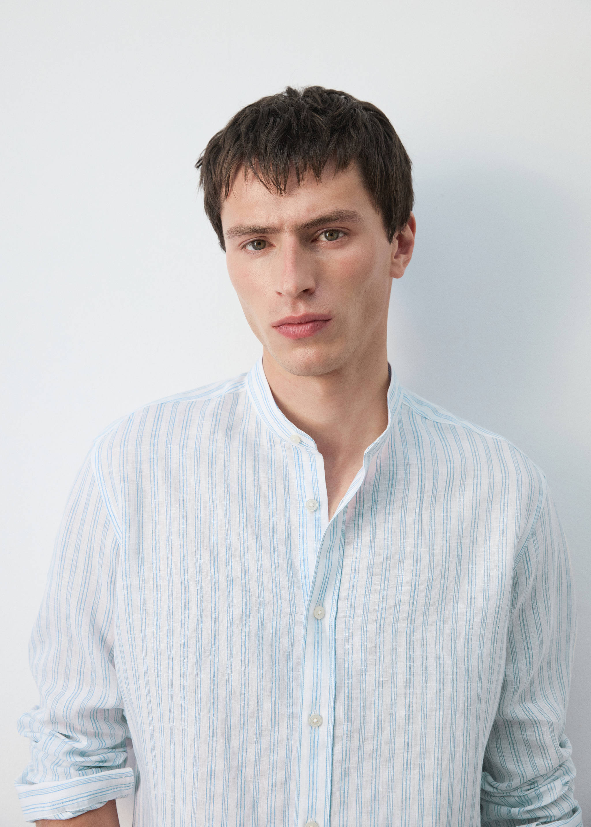 100% linen striped grandad collar shirt - Details of the article 1