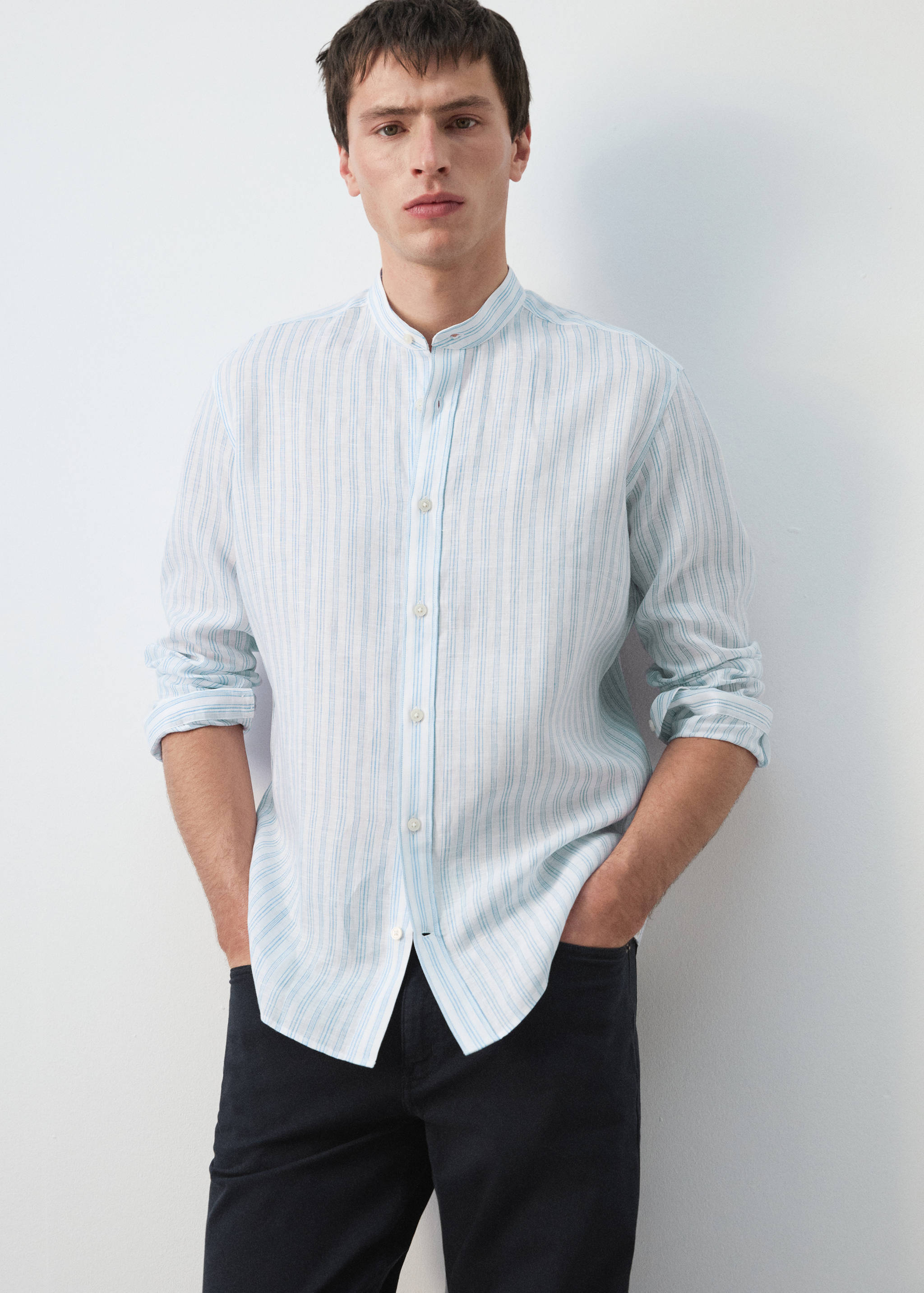 100% linen striped grandad collar shirt - Details of the article 6