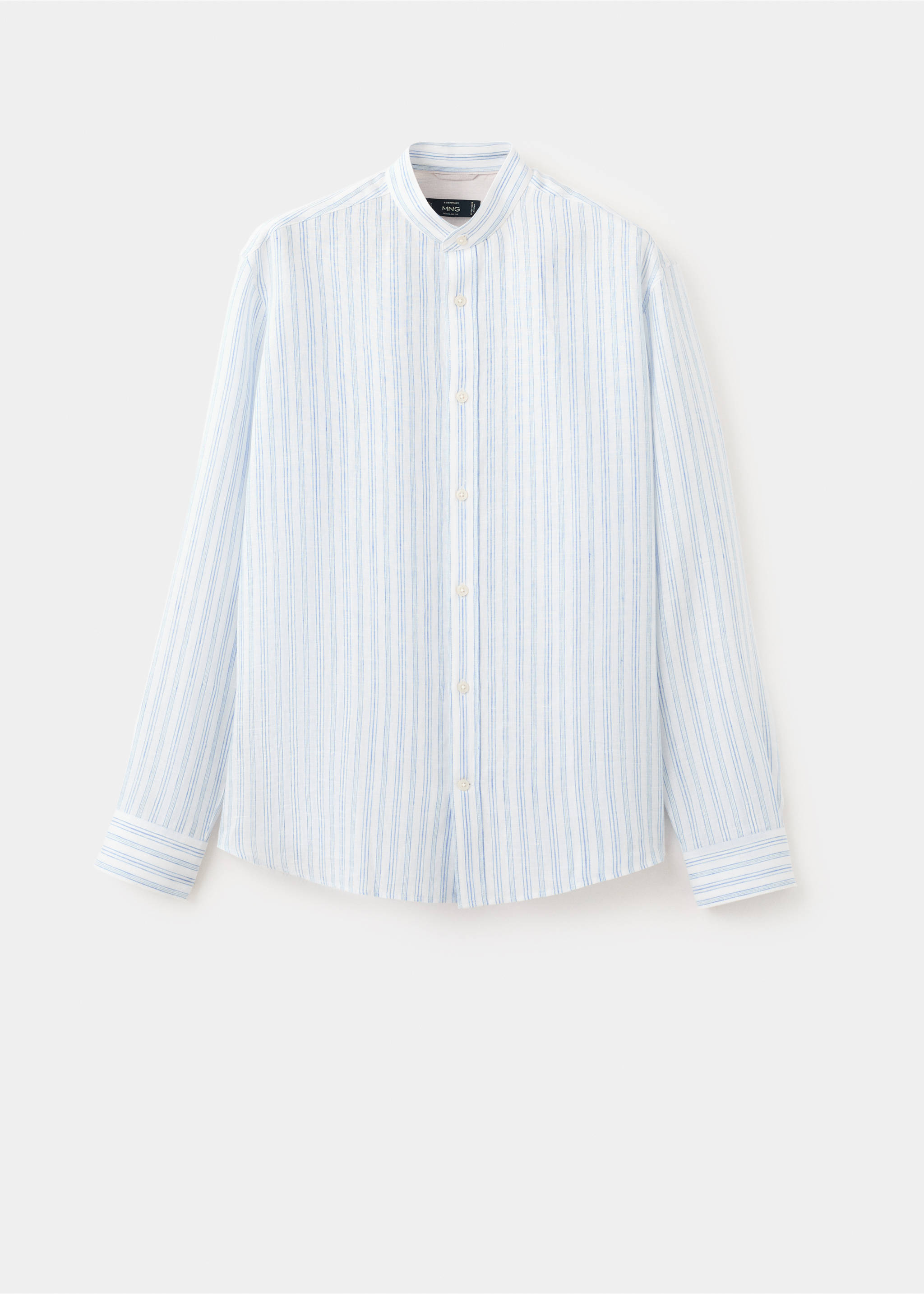 100% linen striped grandad collar shirt - Article without model, Sky Blue. Ref: 27075938-00.