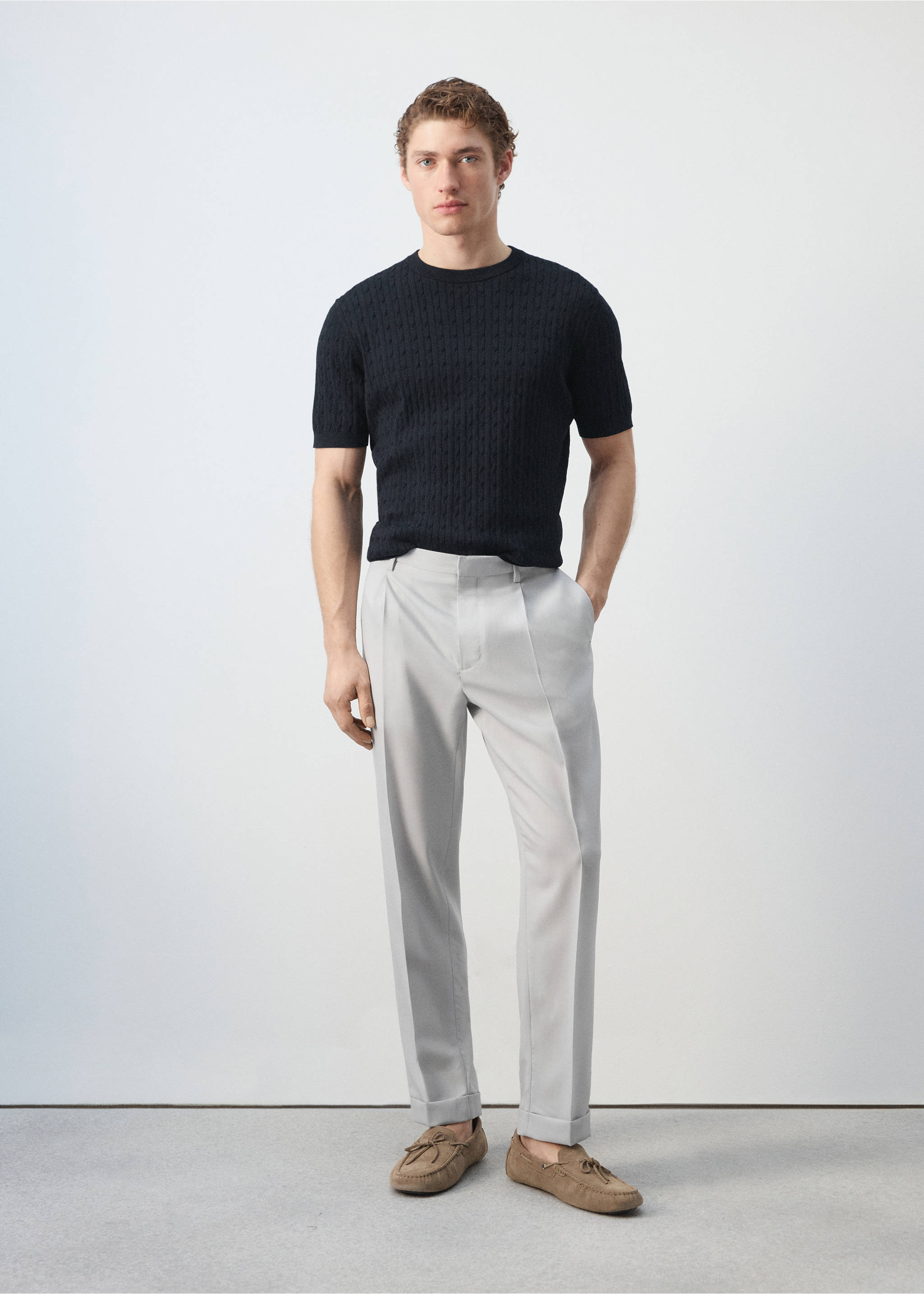 Трикотажная футболка с плетеным узором из 100% хлопка - Общий план, Синяя ночь. Ref: 27075939-01.