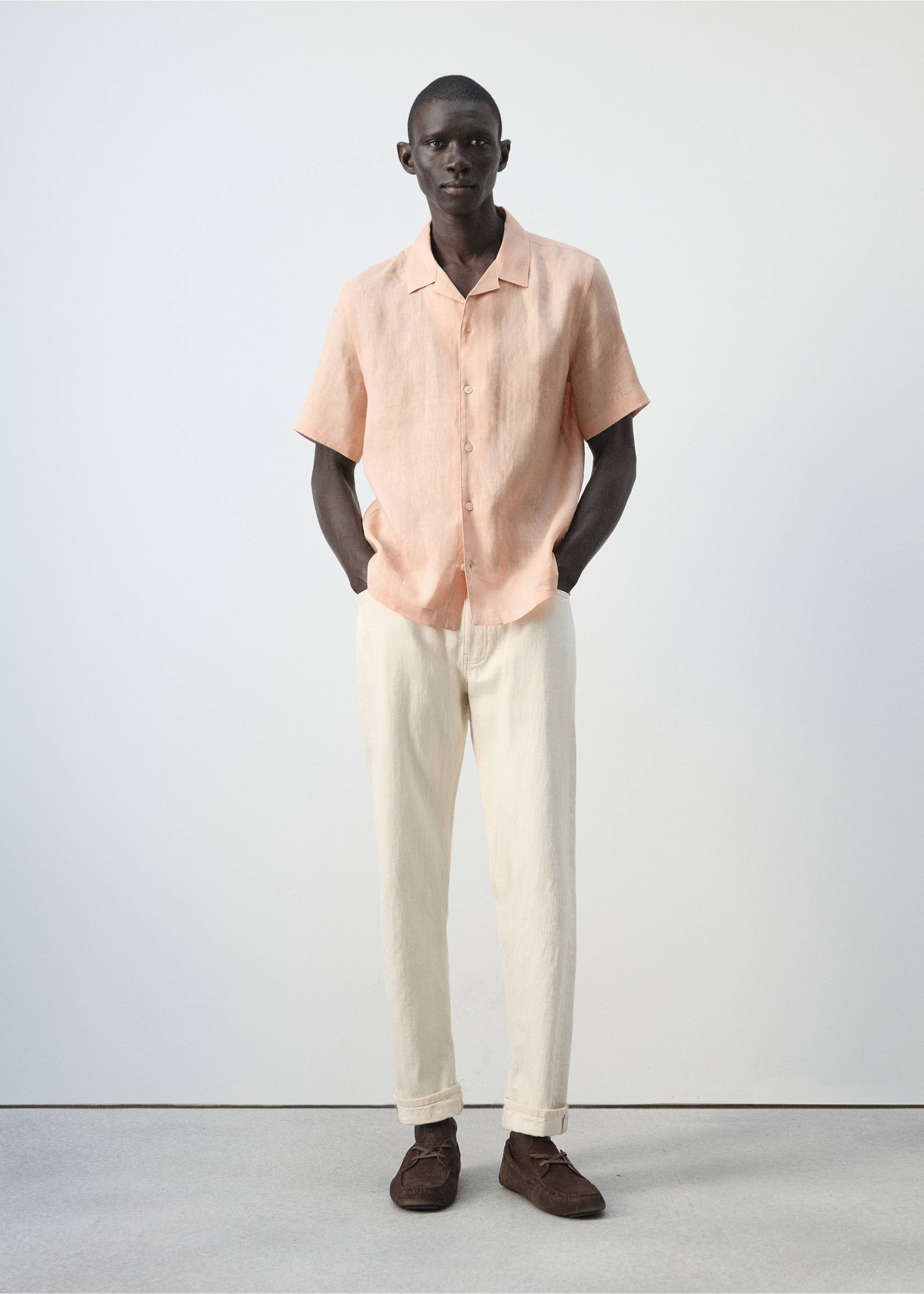 100% linen bowling-collar shirt - General plane, Peach. Ref: 27075948-00.