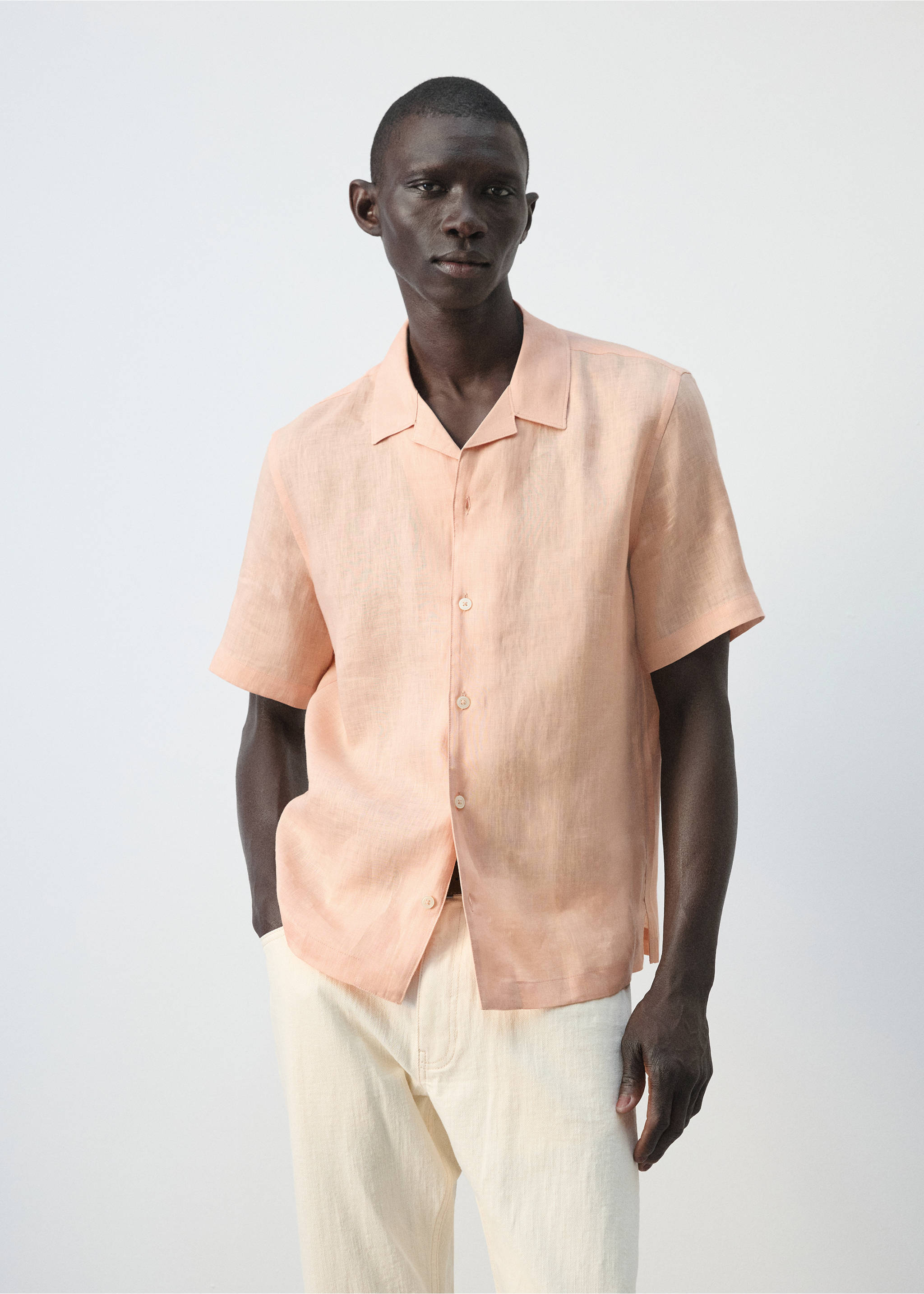 100% linen bowling-collar shirt - Medium plane, Peach. Ref: 27075948-00.