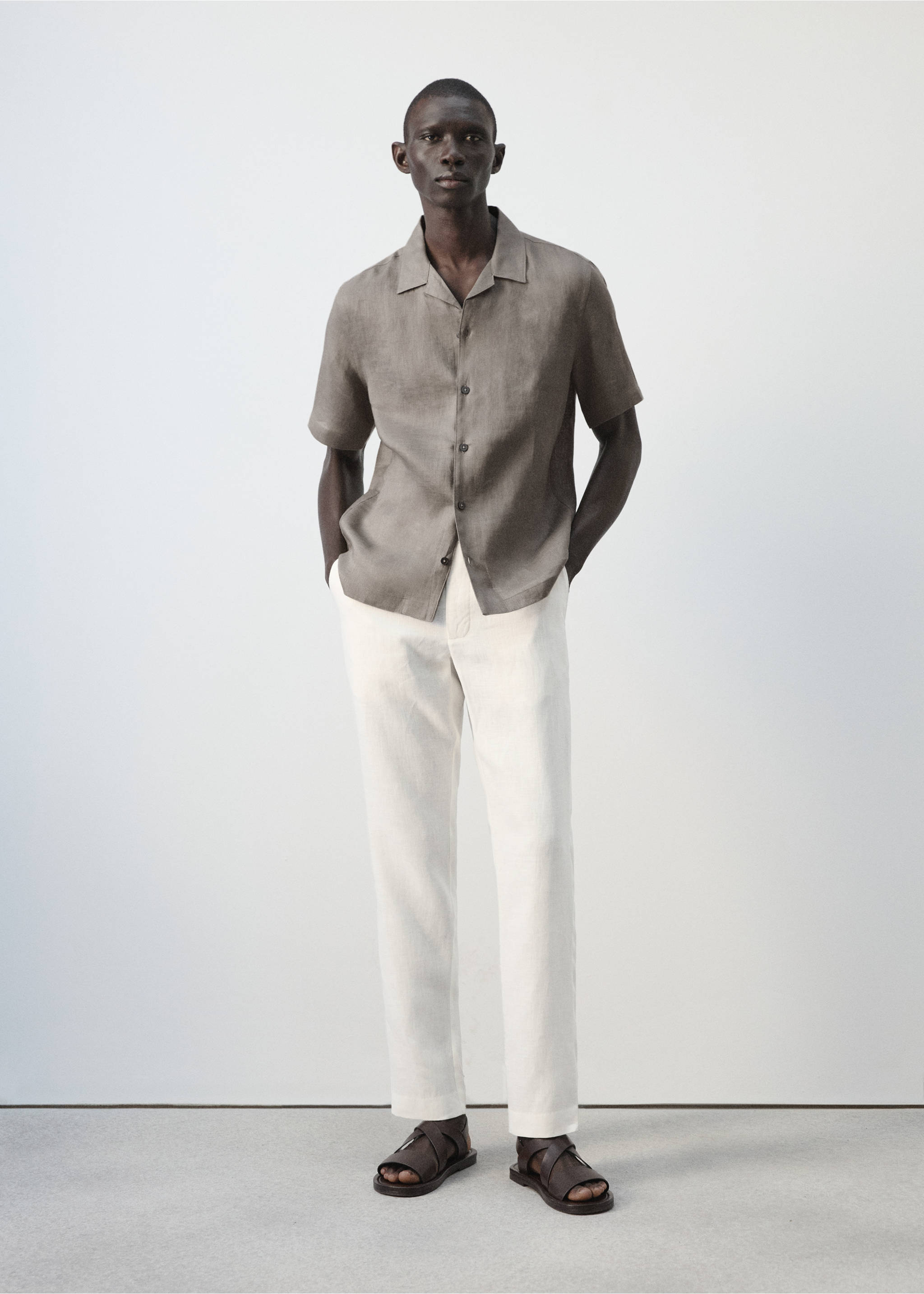 100% linen bowling-collar shirt - General plane, Medium Brown. Ref: 27075948-00.