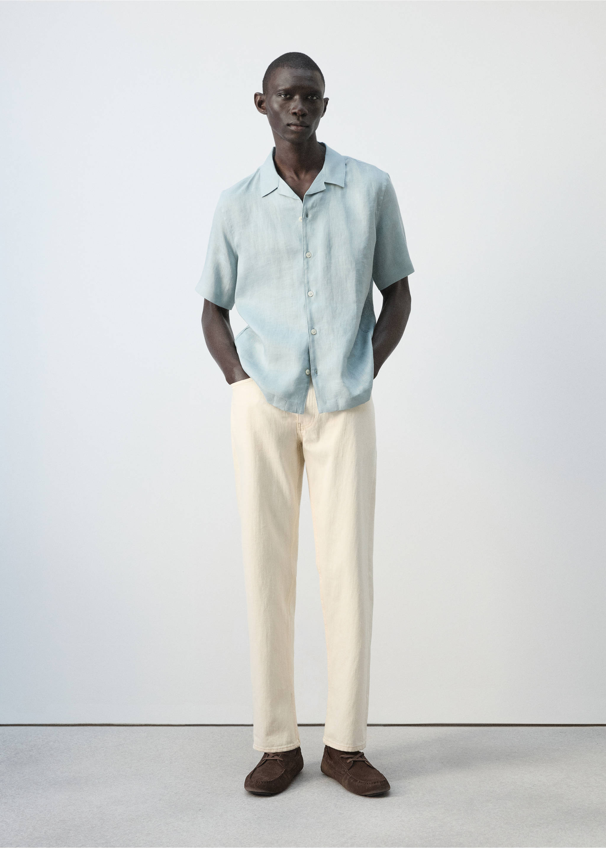 100% linen bowling-collar shirt - General plane, China Blue. Ref: 27075948-00.